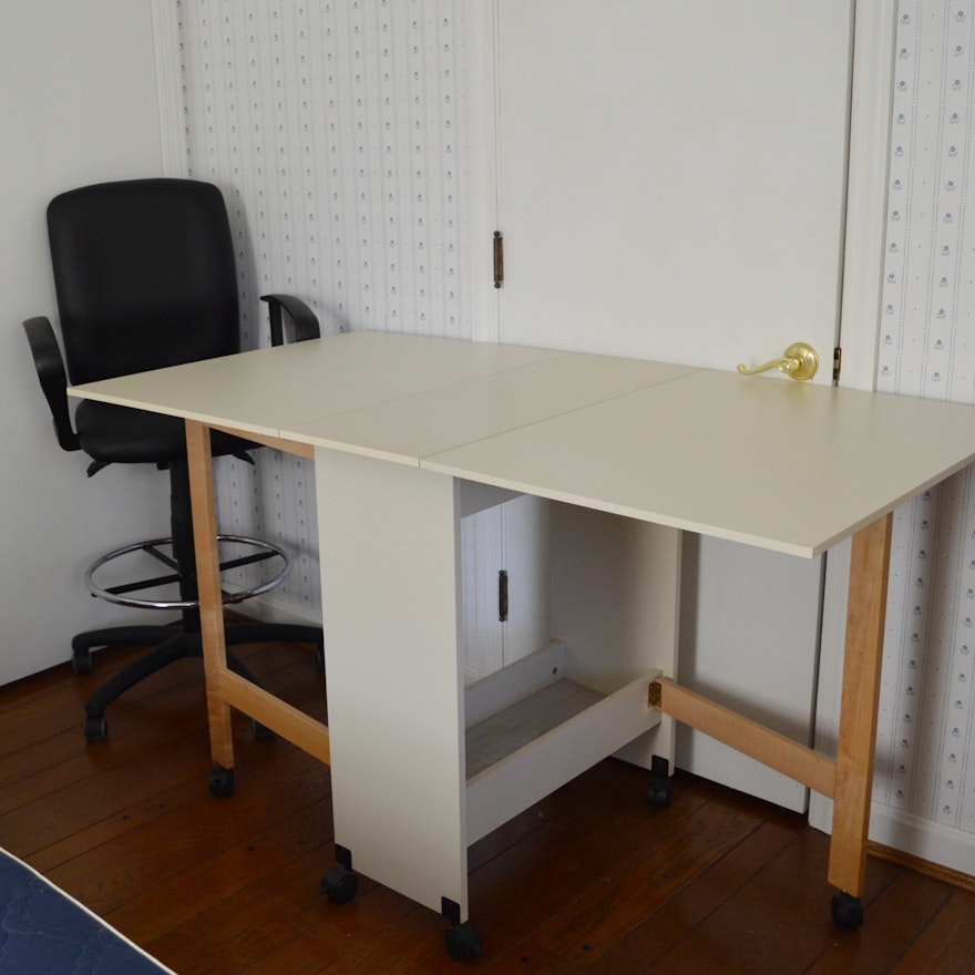 White Laminate Folding Workstation and Adjustable Stool