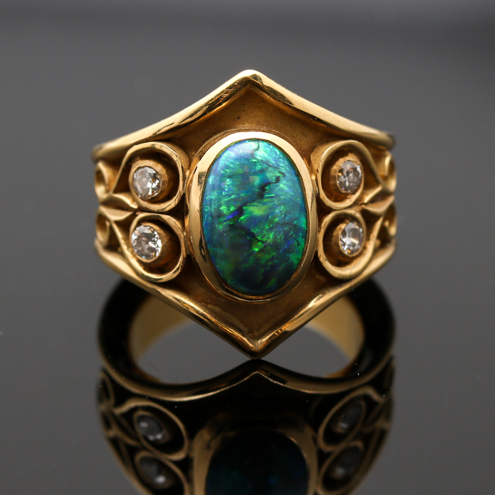 18K Yellow Gold Black Opal and Diamond Ring
