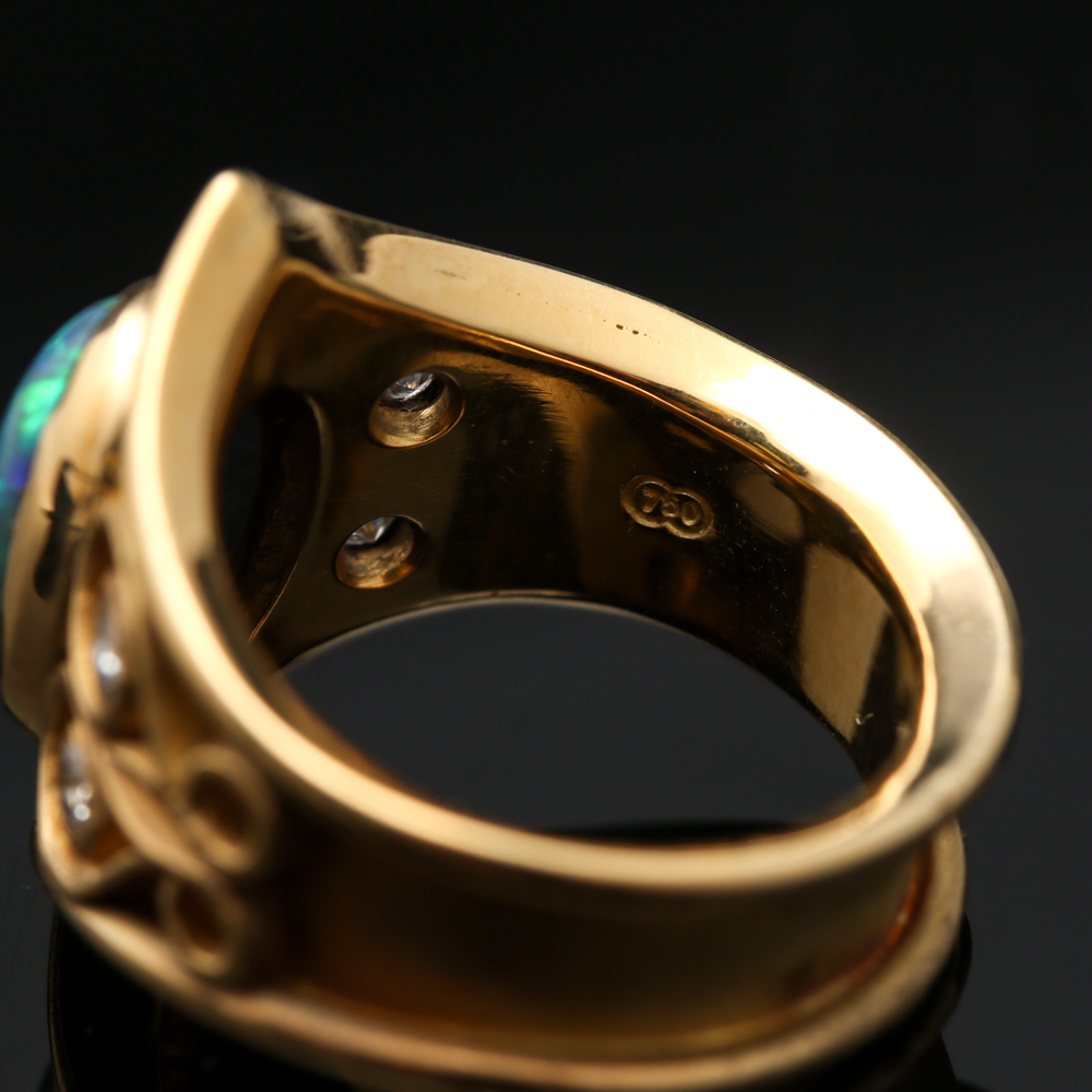 18K Yellow Gold Black Opal and Diamond Ring