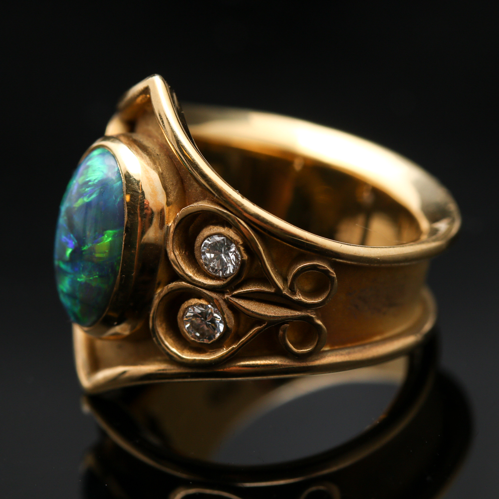 18K Yellow Gold Black Opal and Diamond Ring
