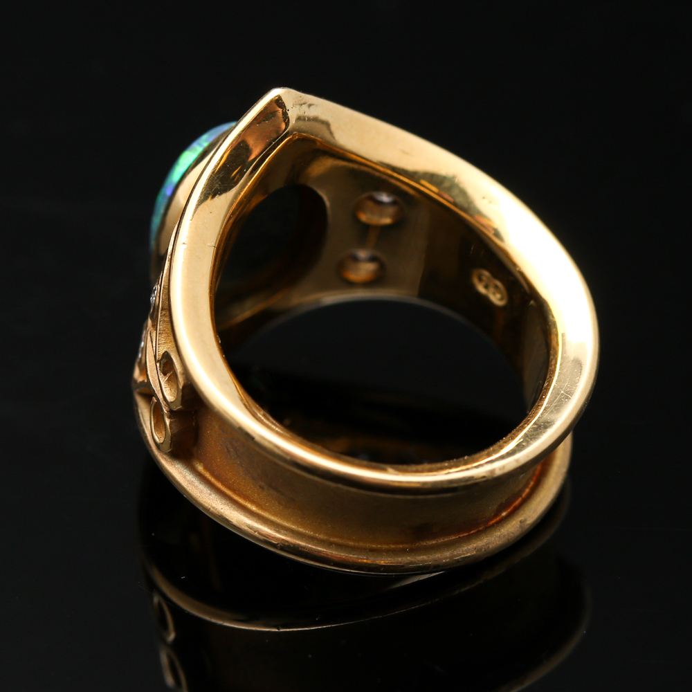 18K Yellow Gold Black Opal and Diamond Ring