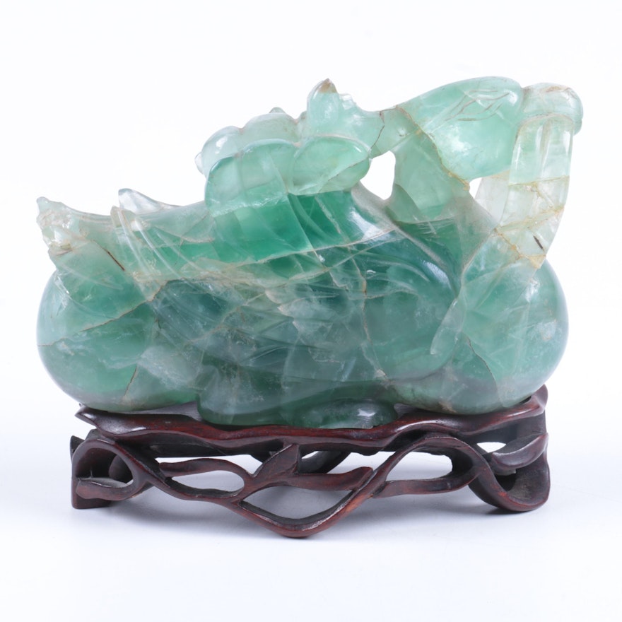 Carved Fluorite Dragon on Wooden Pedestal