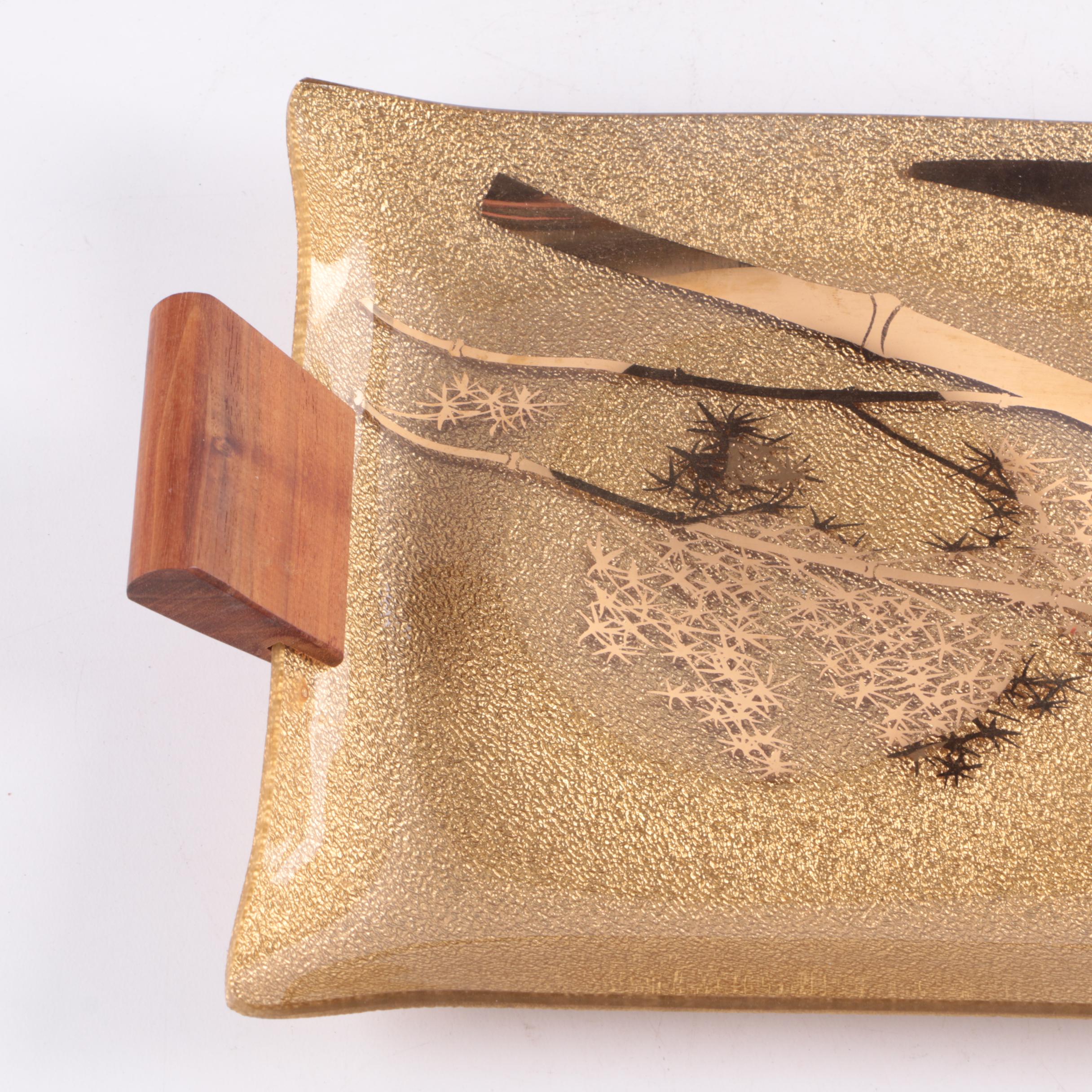 Vintage Asian Inspired Glass and Wood Serving Tray