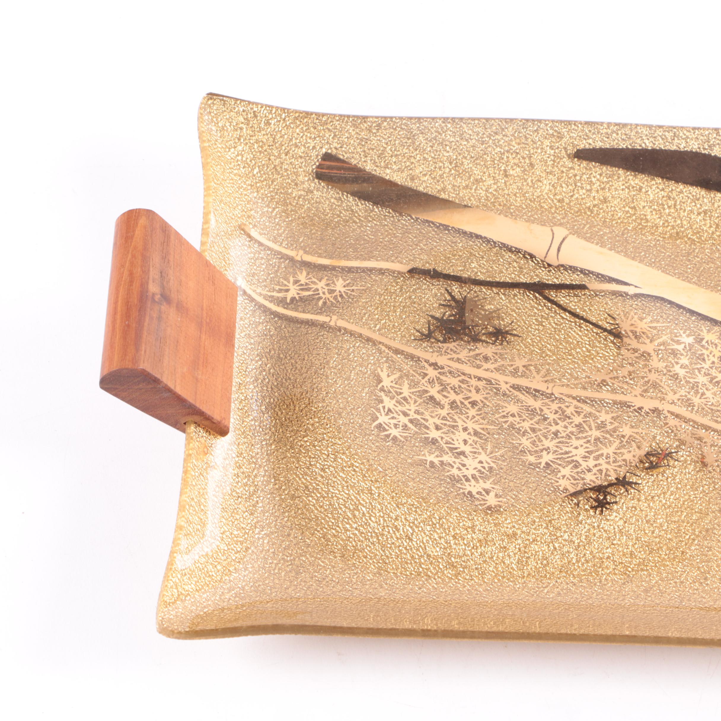 Vintage Asian Inspired Glass and Wood Serving Tray