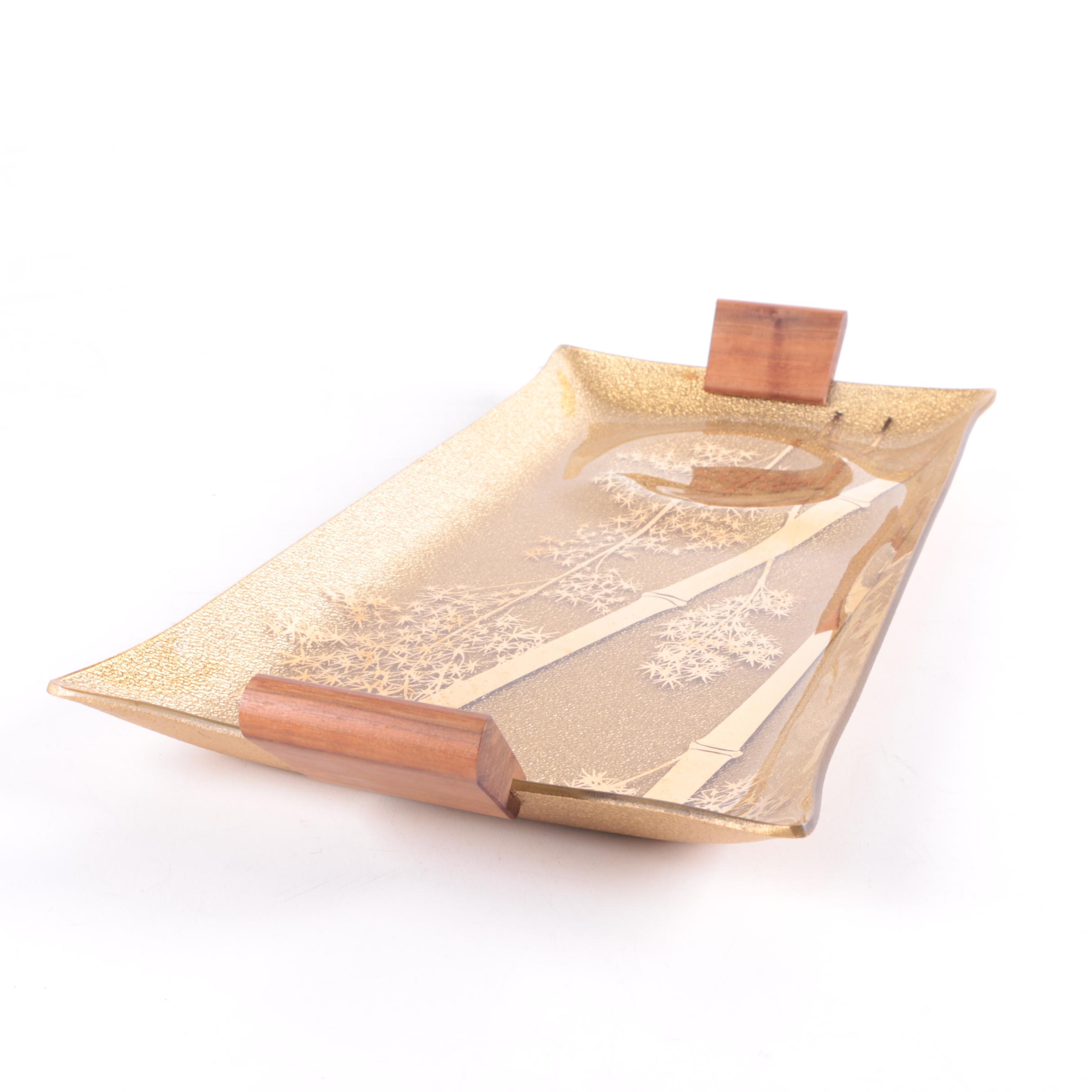 Vintage Asian Inspired Glass and Wood Serving Tray