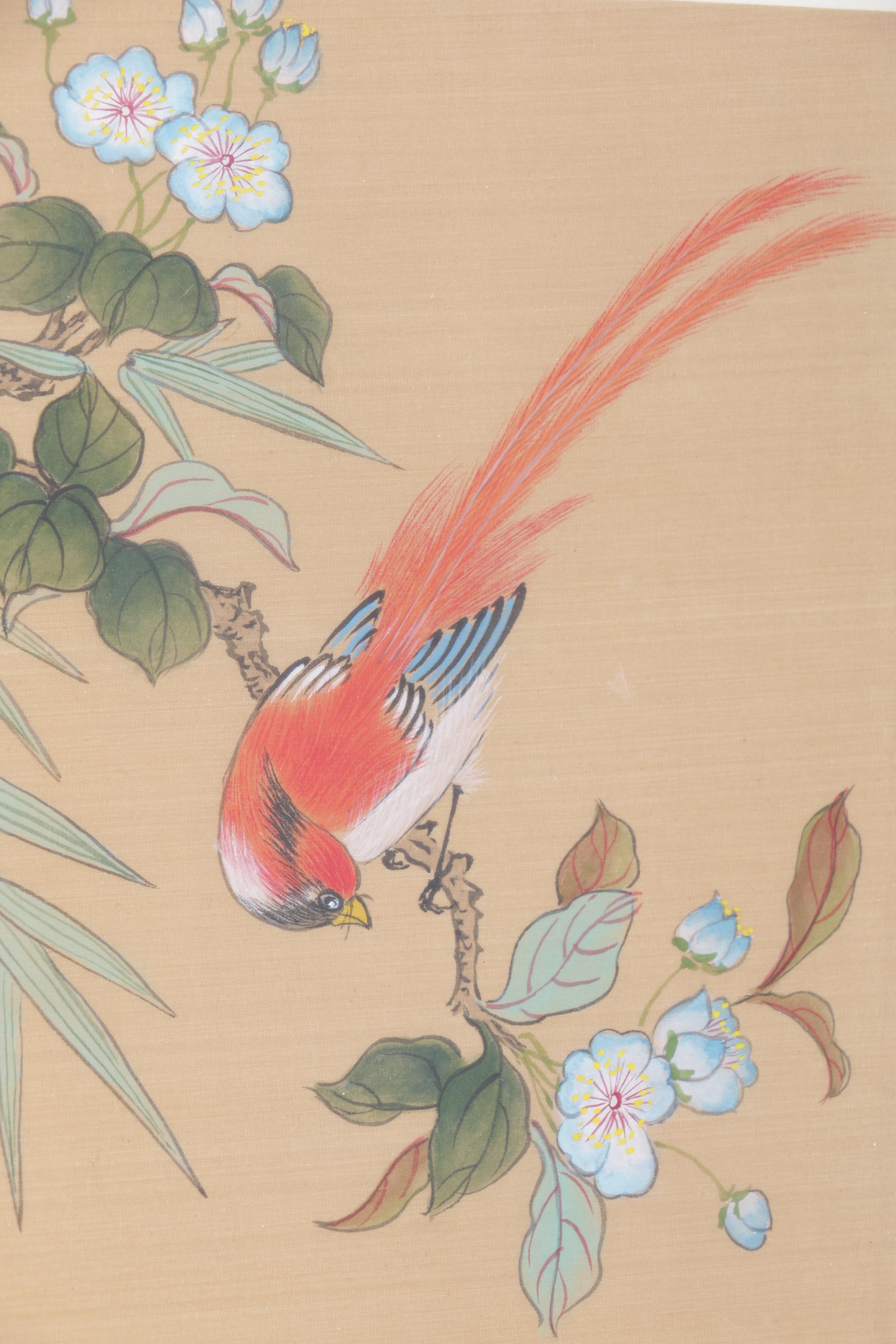 R.W. Painting of a Harbor with an East Asian Gouache Painting of a Bird