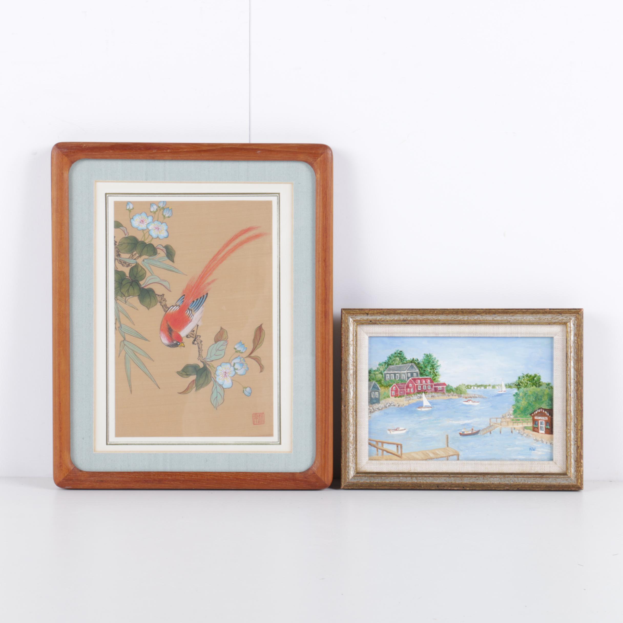 R.W. Painting of a Harbor with an East Asian Gouache Painting of a Bird