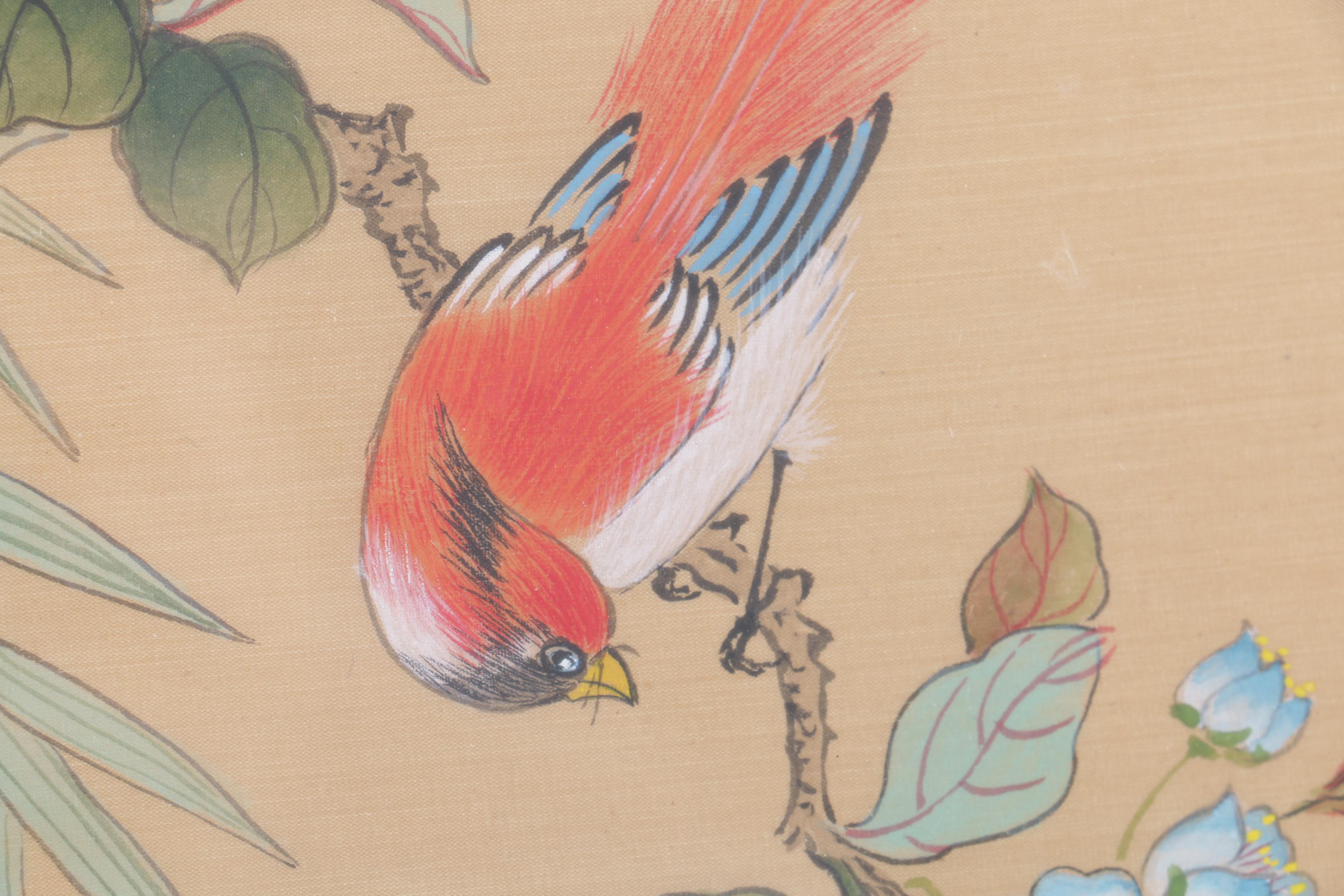 R.W. Painting of a Harbor with an East Asian Gouache Painting of a Bird