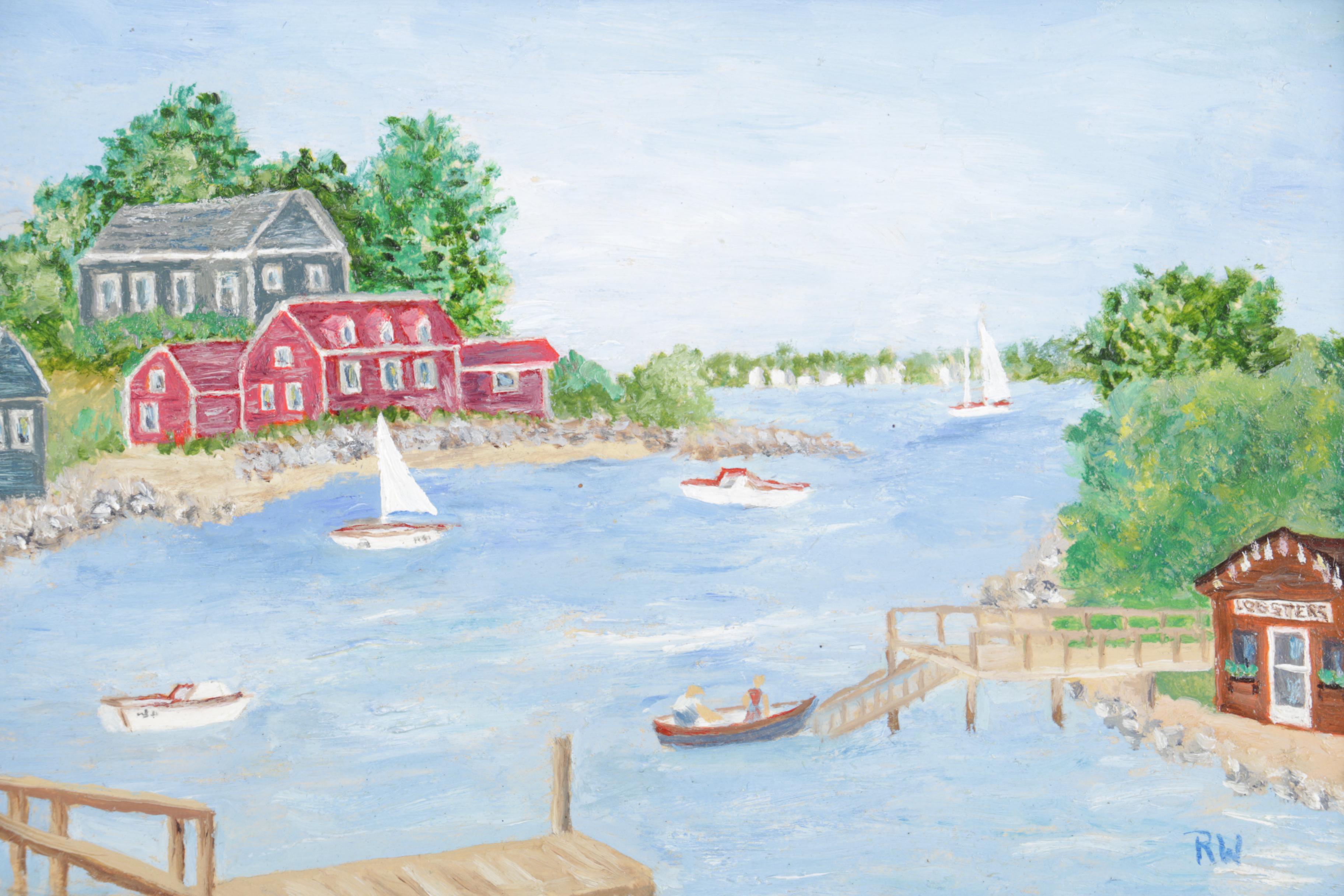 R.W. Painting of a Harbor with an East Asian Gouache Painting of a Bird