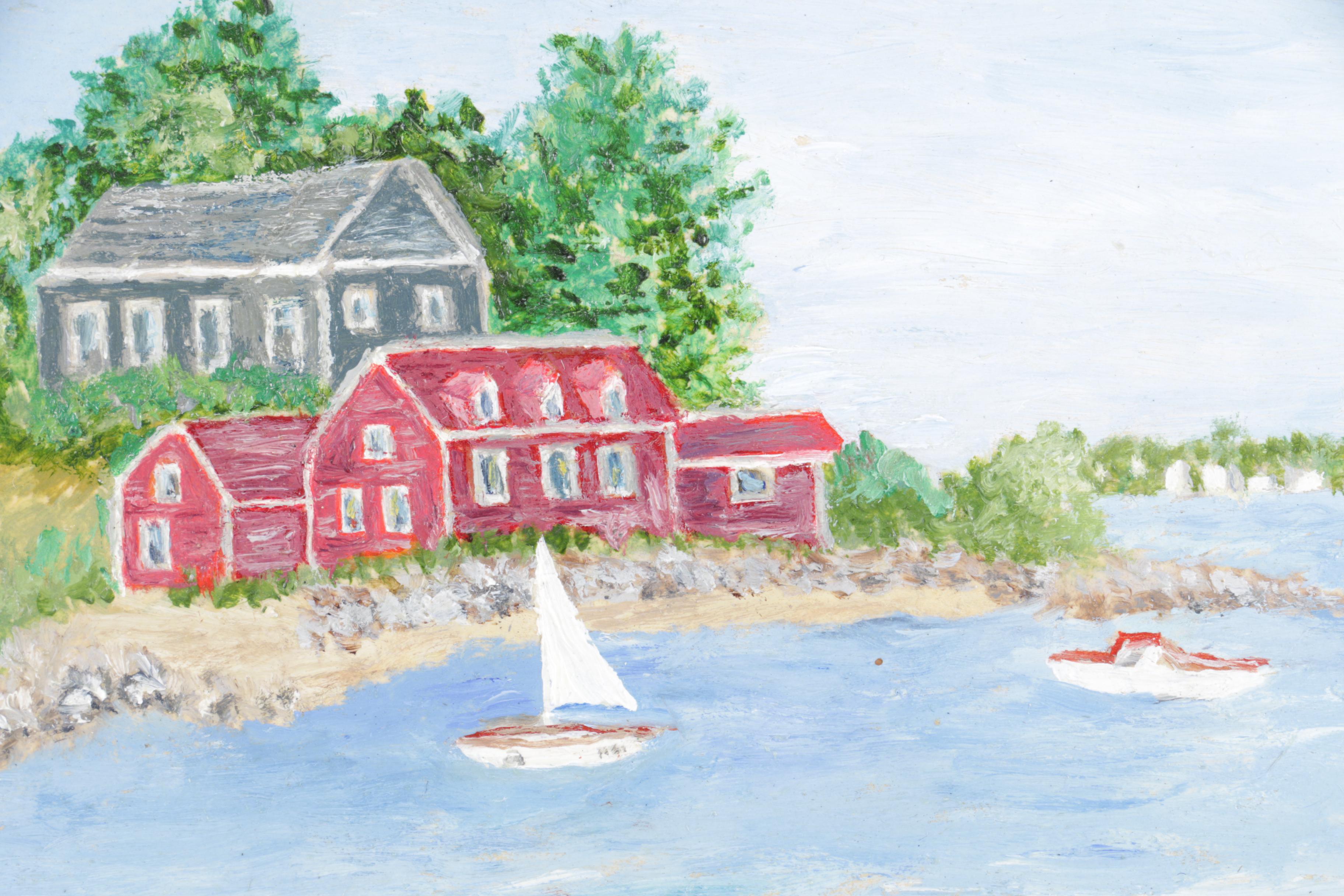 R.W. Painting of a Harbor with an East Asian Gouache Painting of a Bird