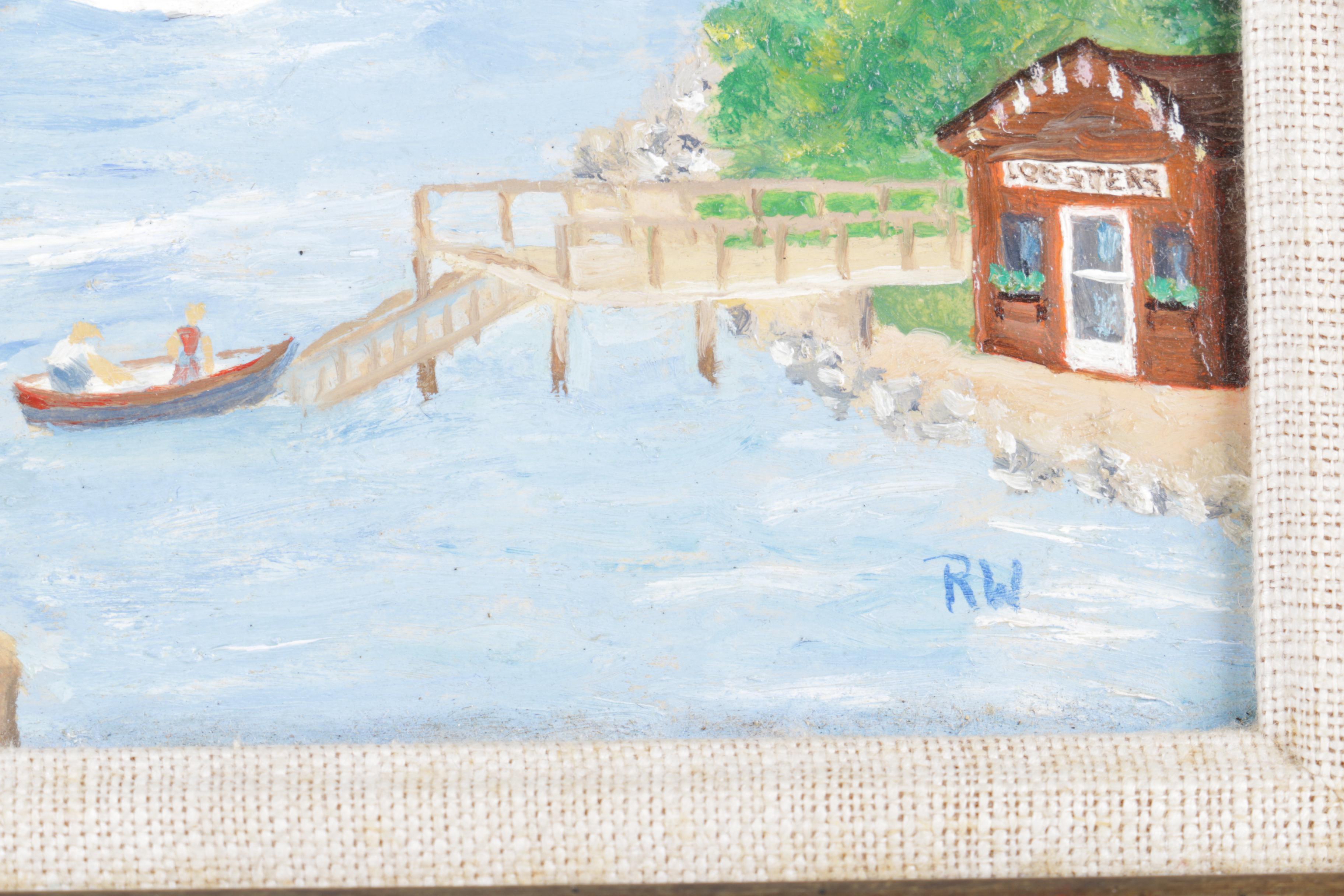 R.W. Painting of a Harbor with an East Asian Gouache Painting of a Bird