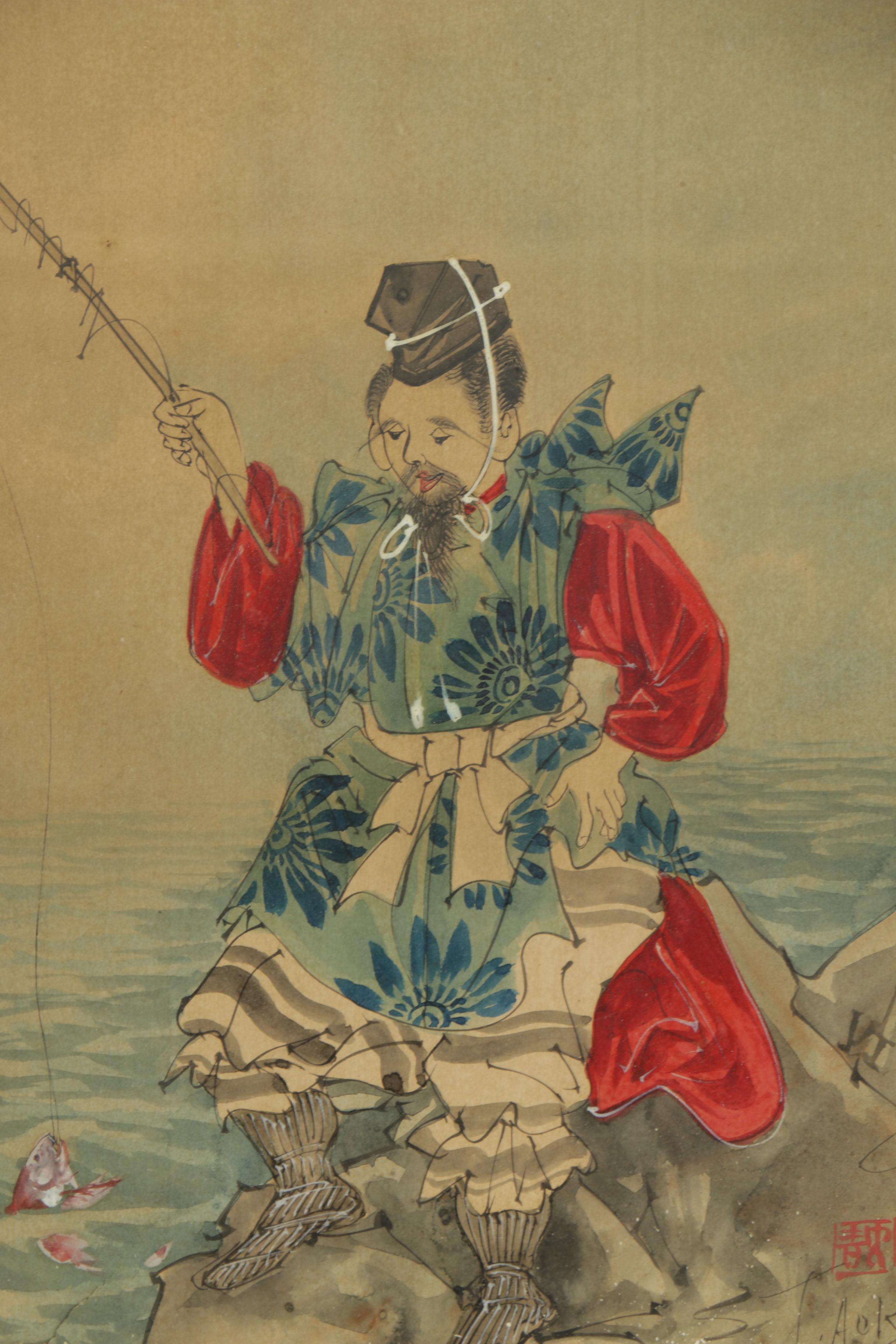 S.J. Aoki Gouache and Watercolor Painting on Paper of Japanese Fisherman