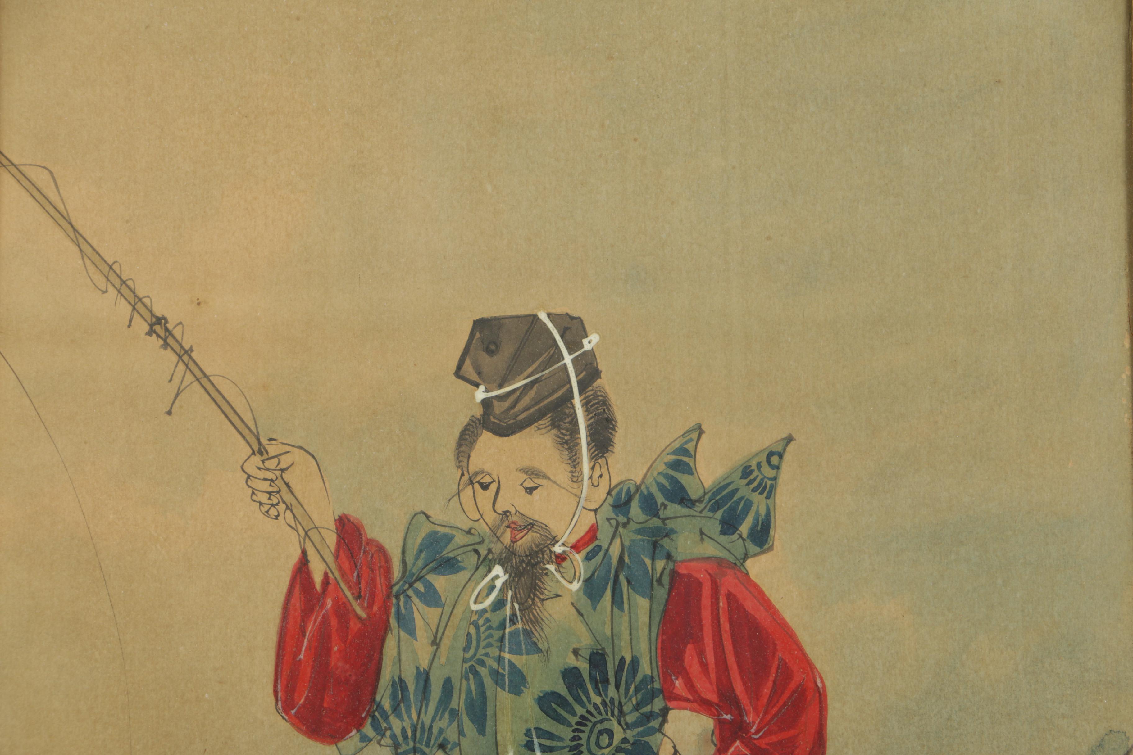 S.J. Aoki Gouache and Watercolor Painting on Paper of Japanese Fisherman