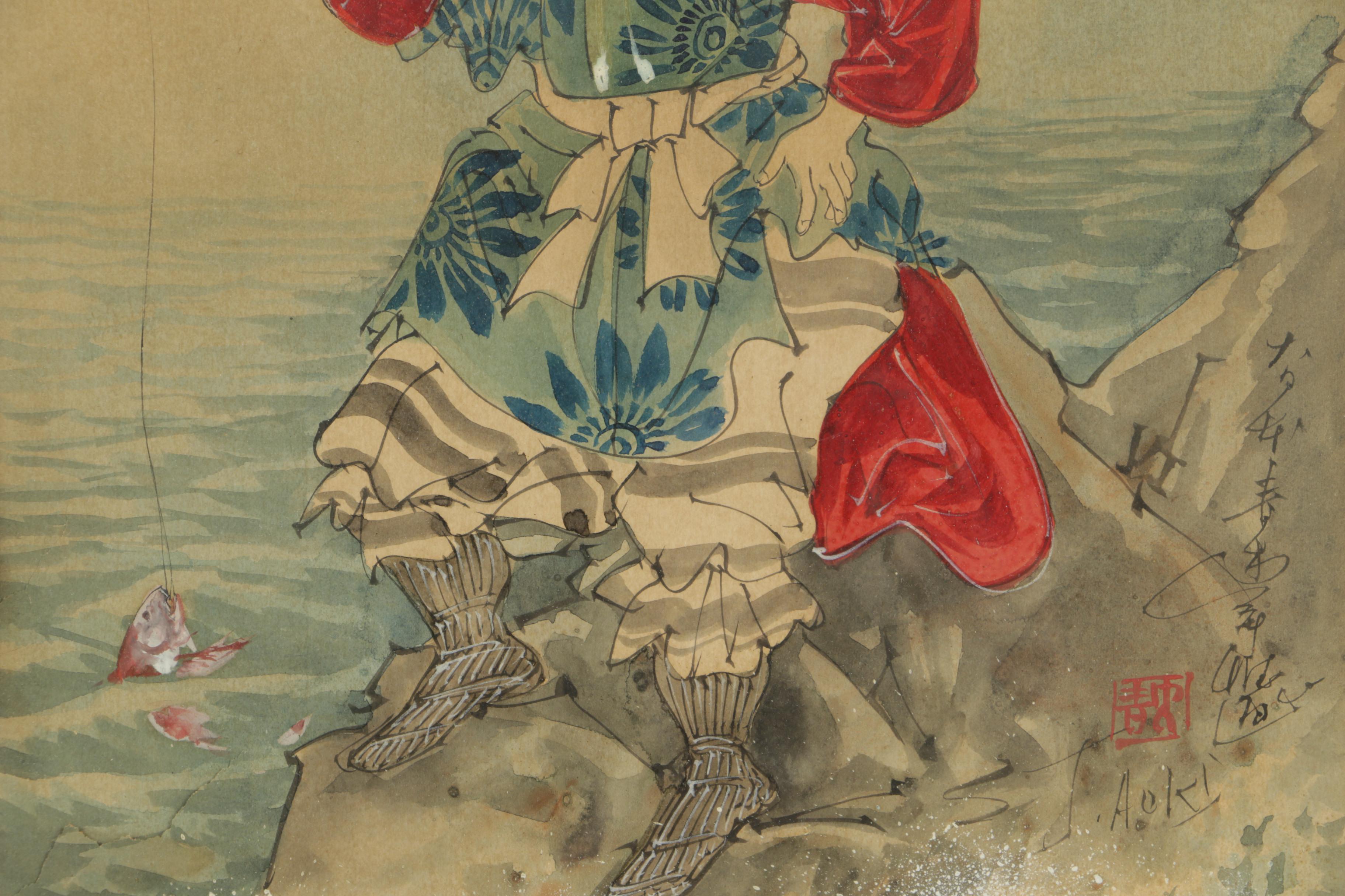 S.J. Aoki Gouache and Watercolor Painting on Paper of Japanese Fisherman