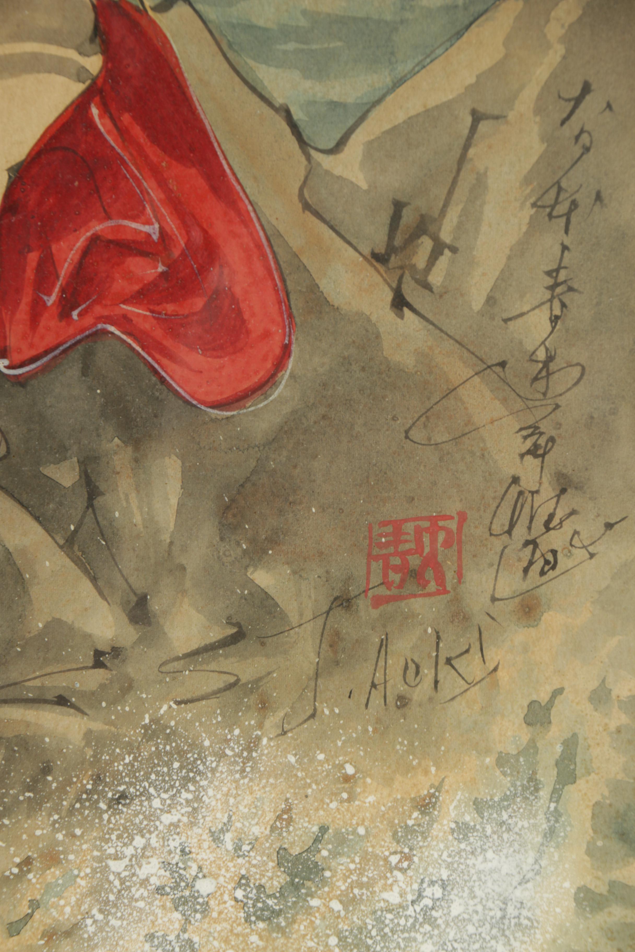 S.J. Aoki Gouache and Watercolor Painting on Paper of Japanese Fisherman