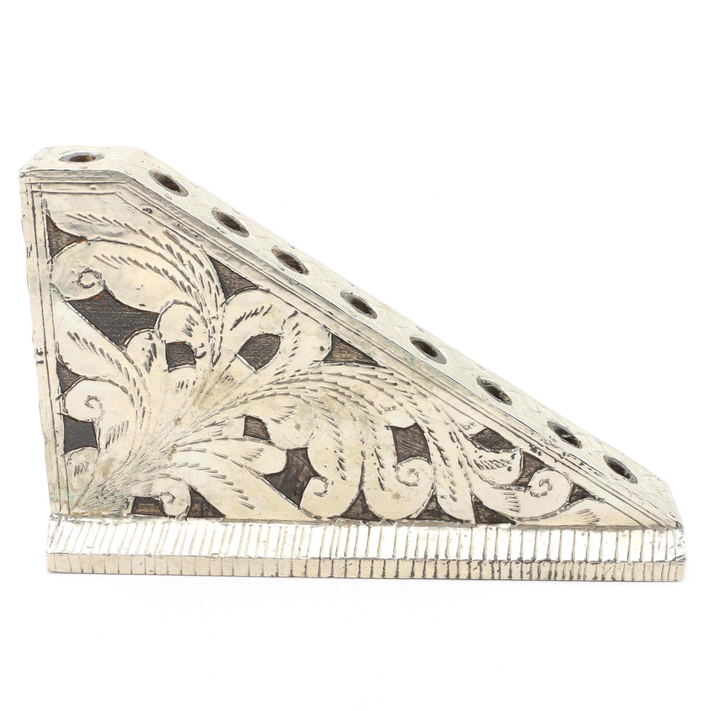 Triangular Silver Tone Metal Overlay Menorah