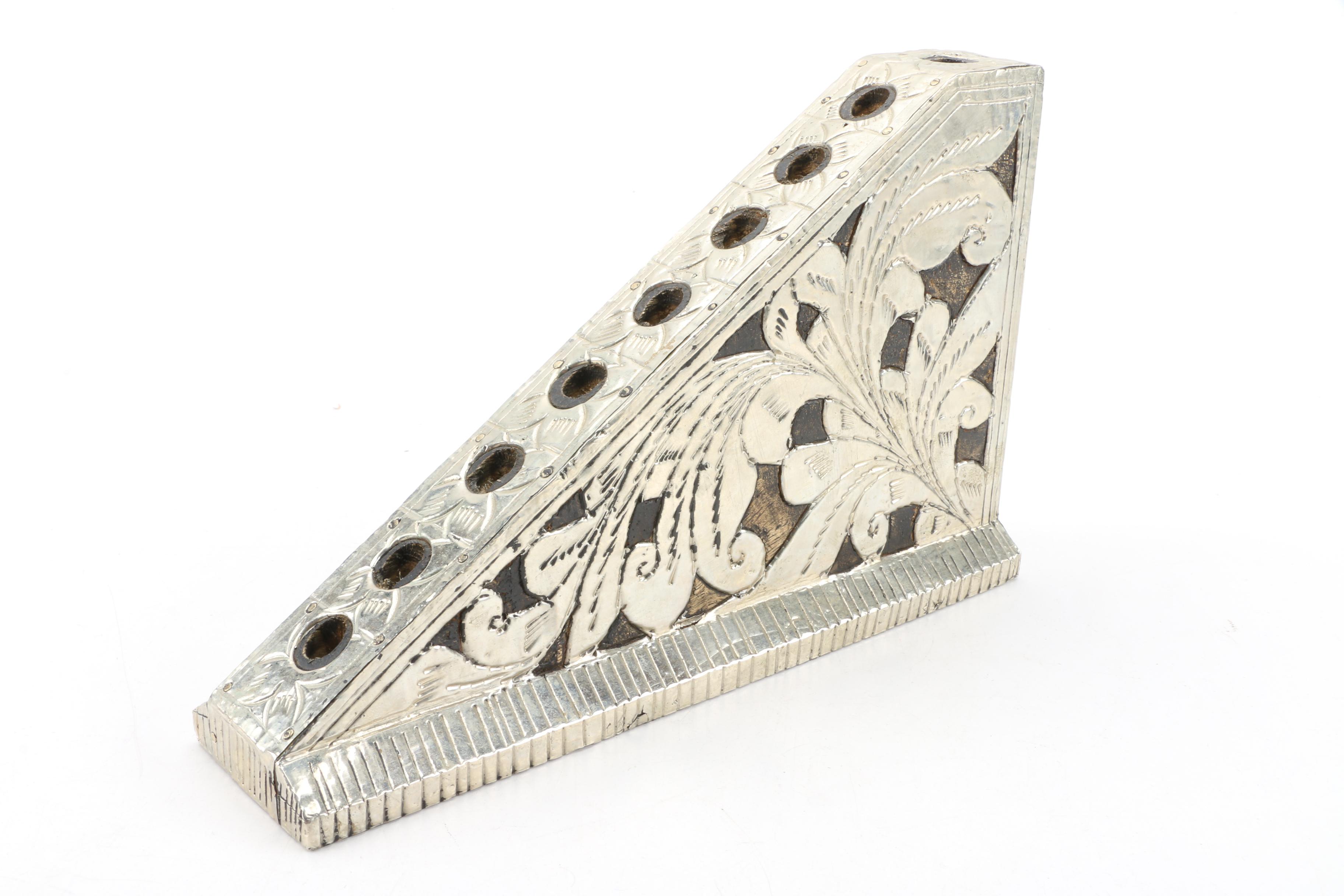 Triangular Silver Tone Metal Overlay Menorah