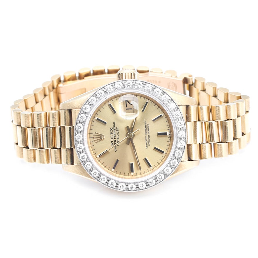 Rolex Oyster Perpetual Datejust 18K Yellow Gold and Diamond Wristwatch