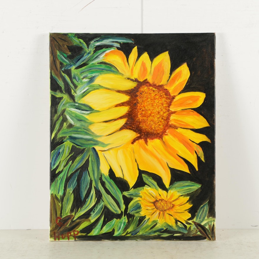 G. Hupp Oil Painting on Canvas of Sunflowers