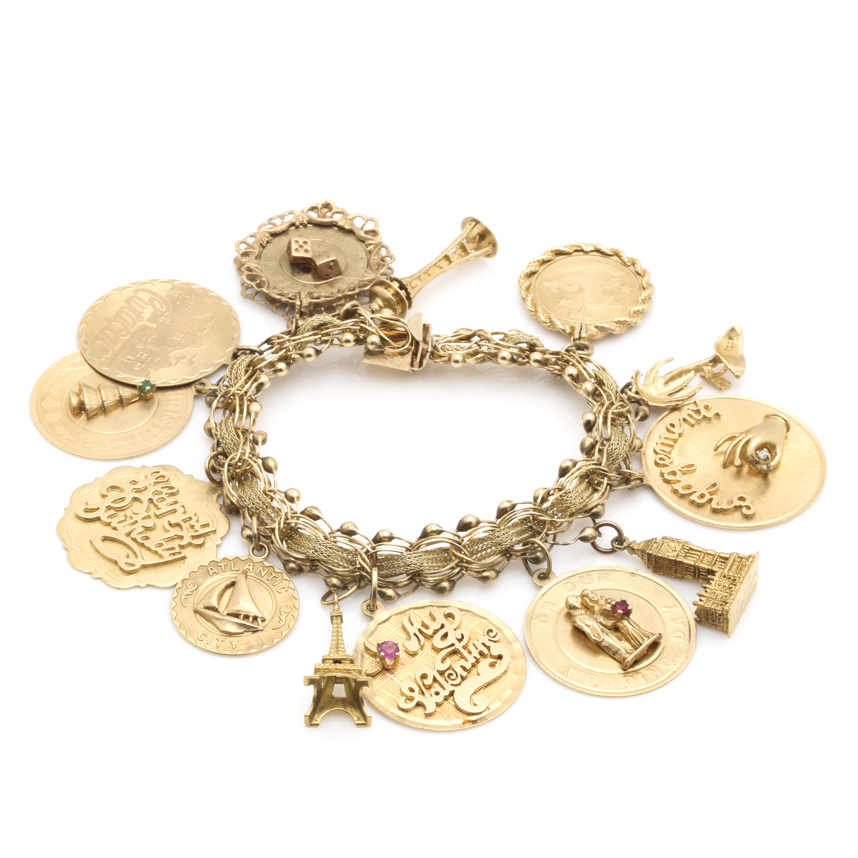 14K, 10K, and 18K Yellow Gold Charm Bracelet Including Gemstones
