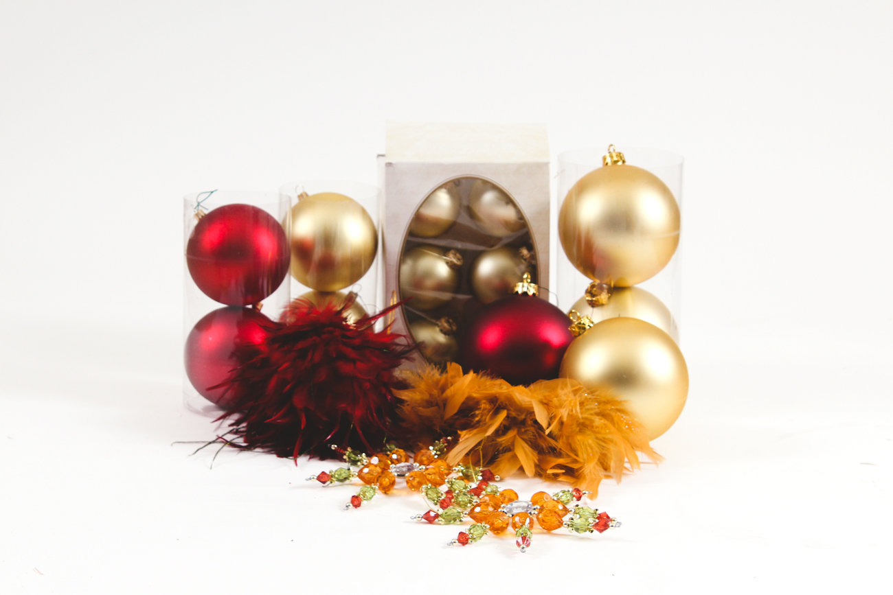 Collection of Red and Gold Ornaments and Tree Decor