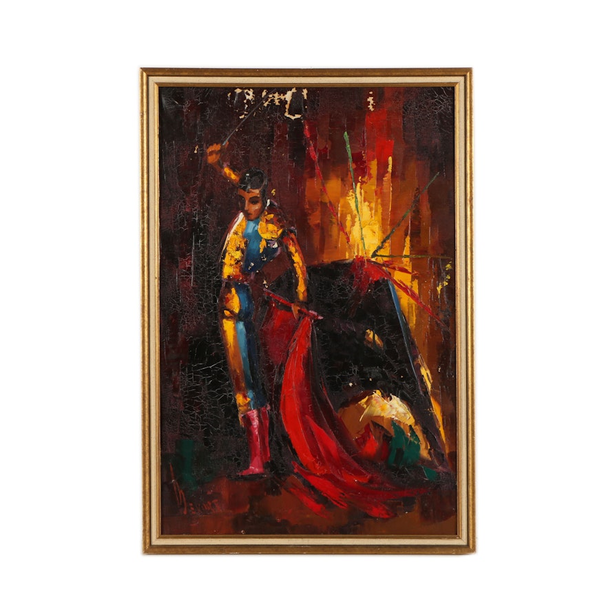 Oil on Canvas Painting of Matador and Bull