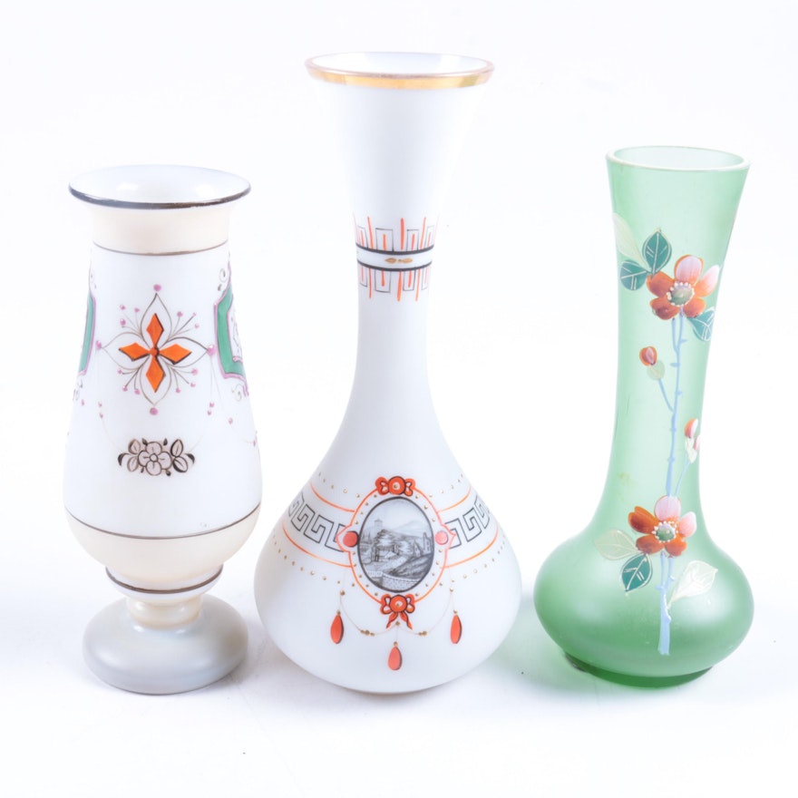 Set of Three Hand Painted Glass Vases