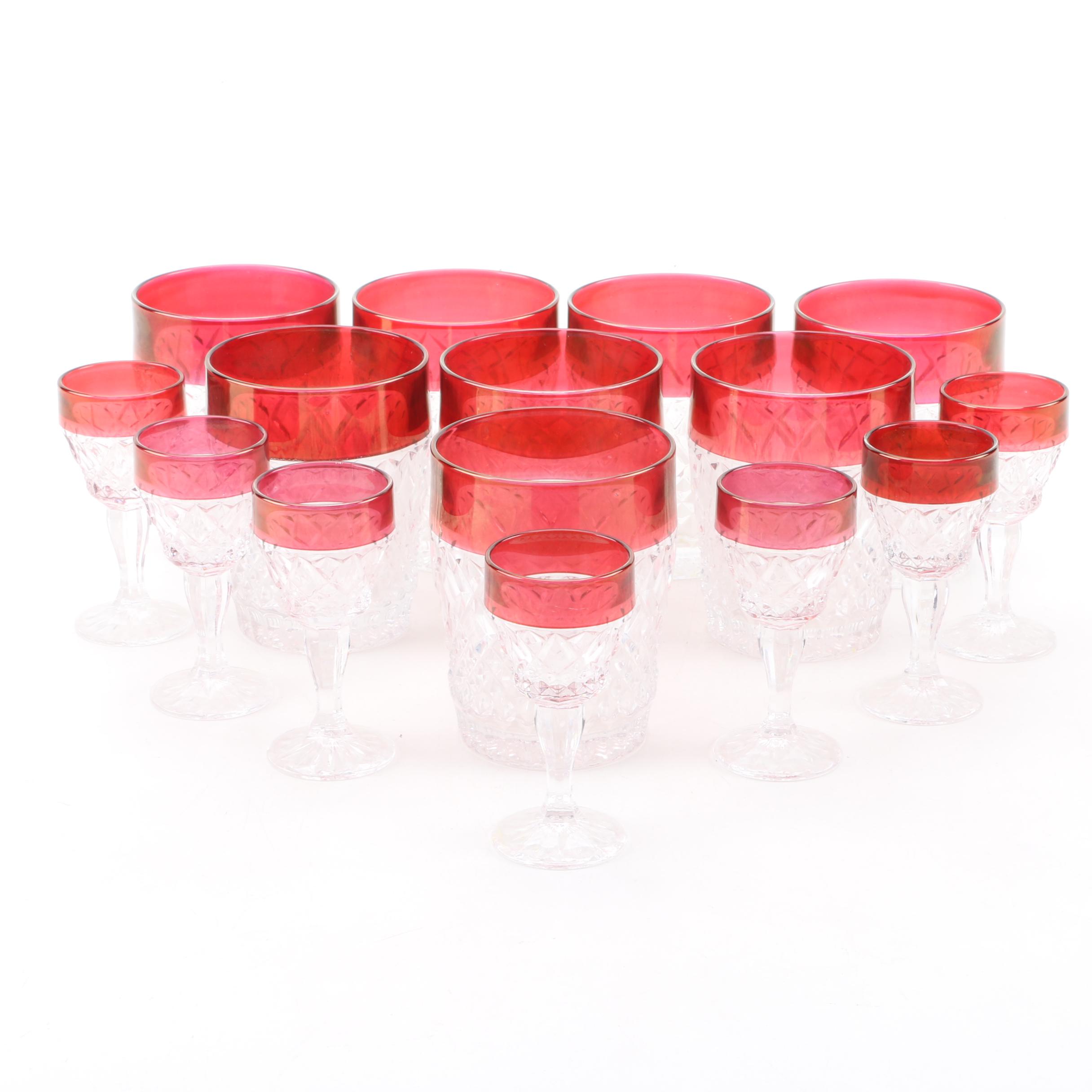 1960s Vintage Indiana Glass Red Rimmed Diamond Point Barware