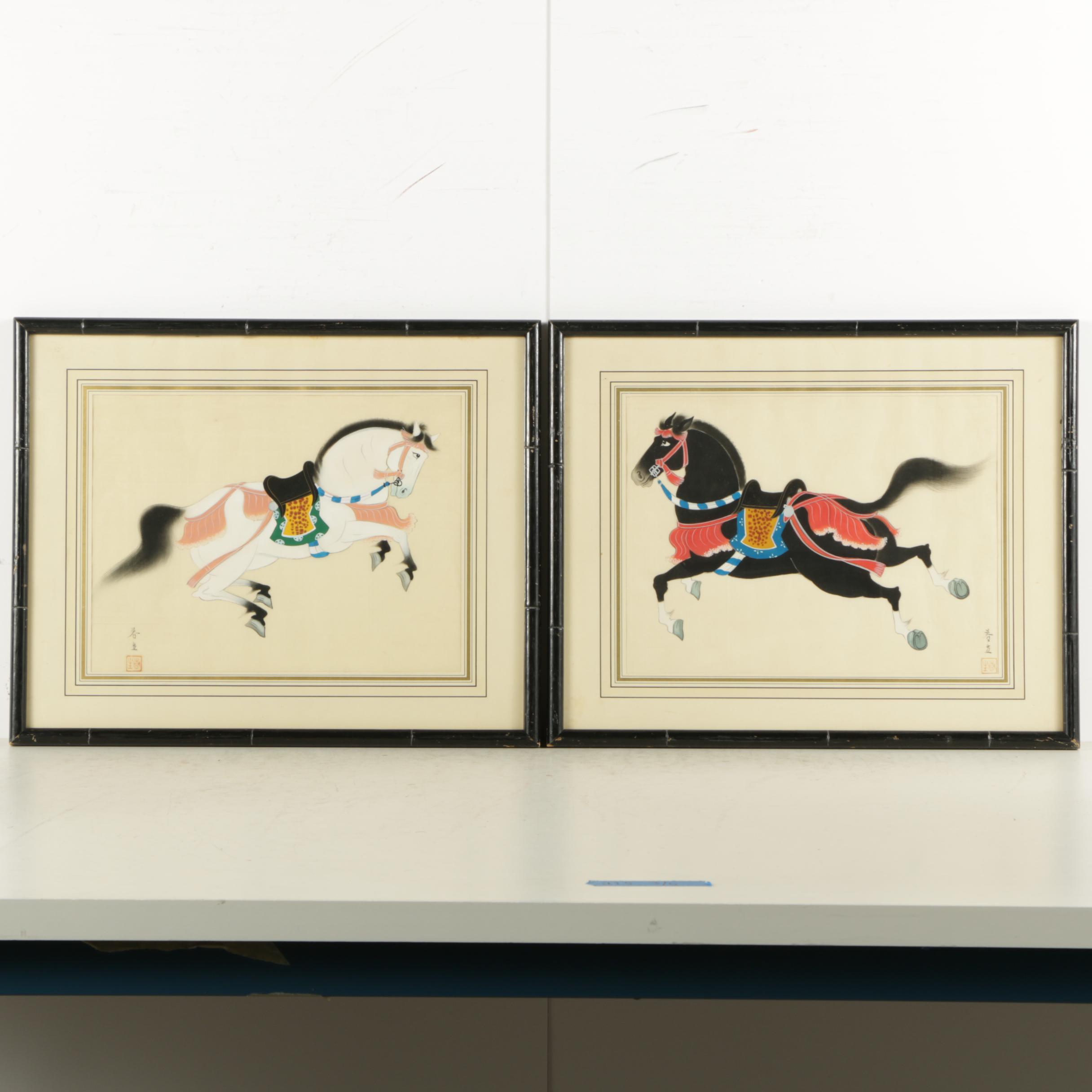 Two East Asian Gouache Paintings On Silk of Horses
