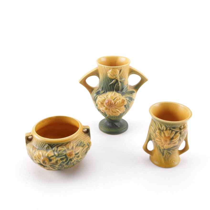Collection of Roseville Pottery "Peony" Trophy Vases and Jardinière