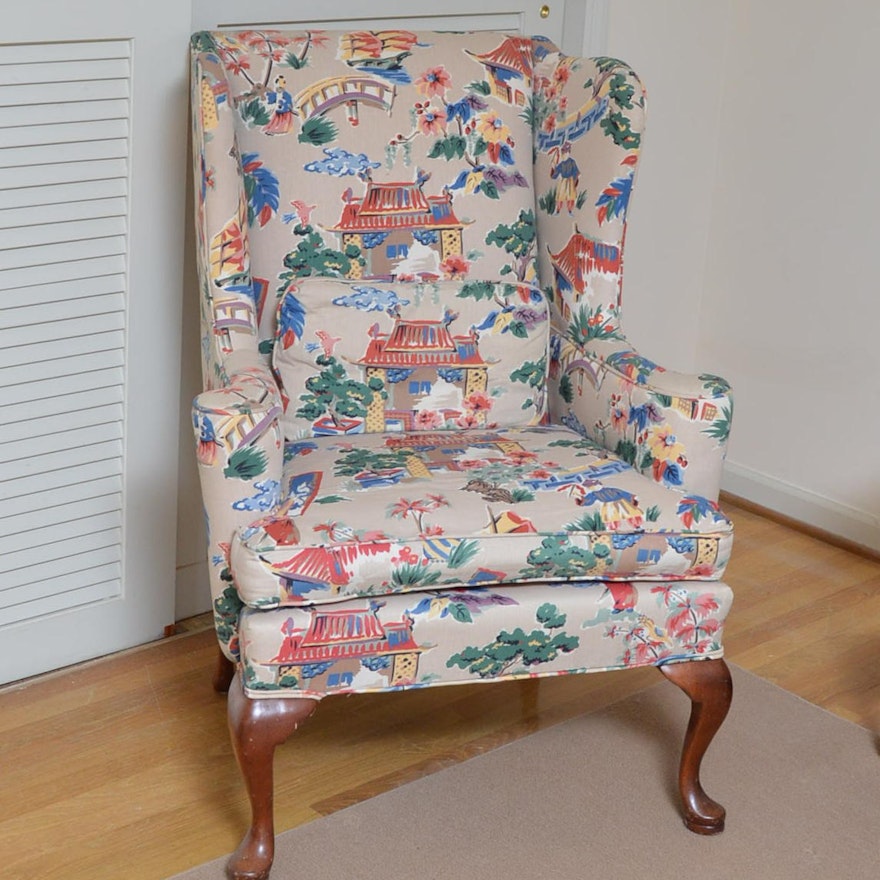 Queen Anne Style Upholstered Wingback Armchair