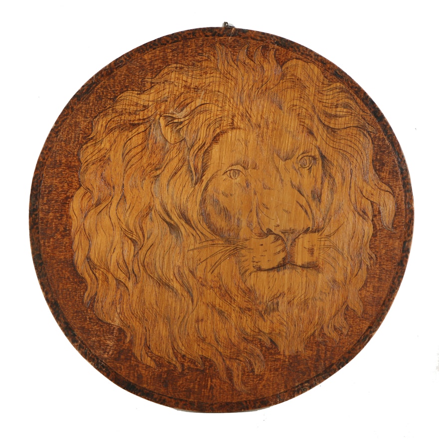 Antique Engraved Wood Panel of a Lion