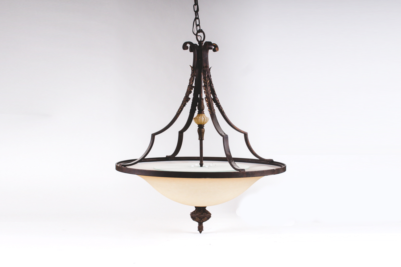 Large Frosted Glass and Wrought Iron Chandelier