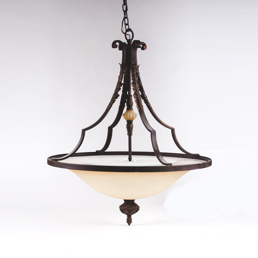 Large Frosted Glass and Wrought Iron Chandelier