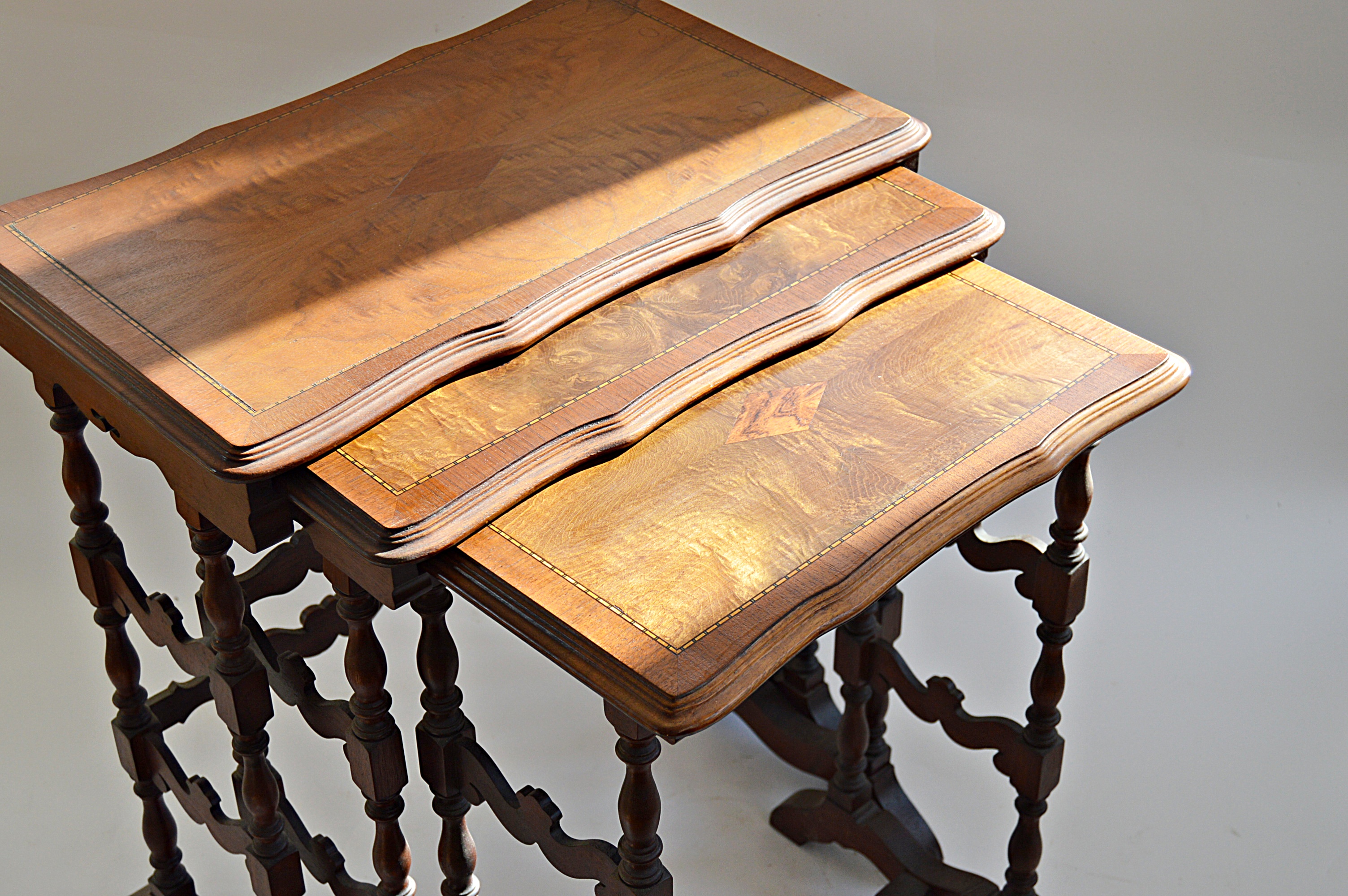 Vintage Mahogany Stacking Table Set with Bookmatched Crotch Mahogany Tops