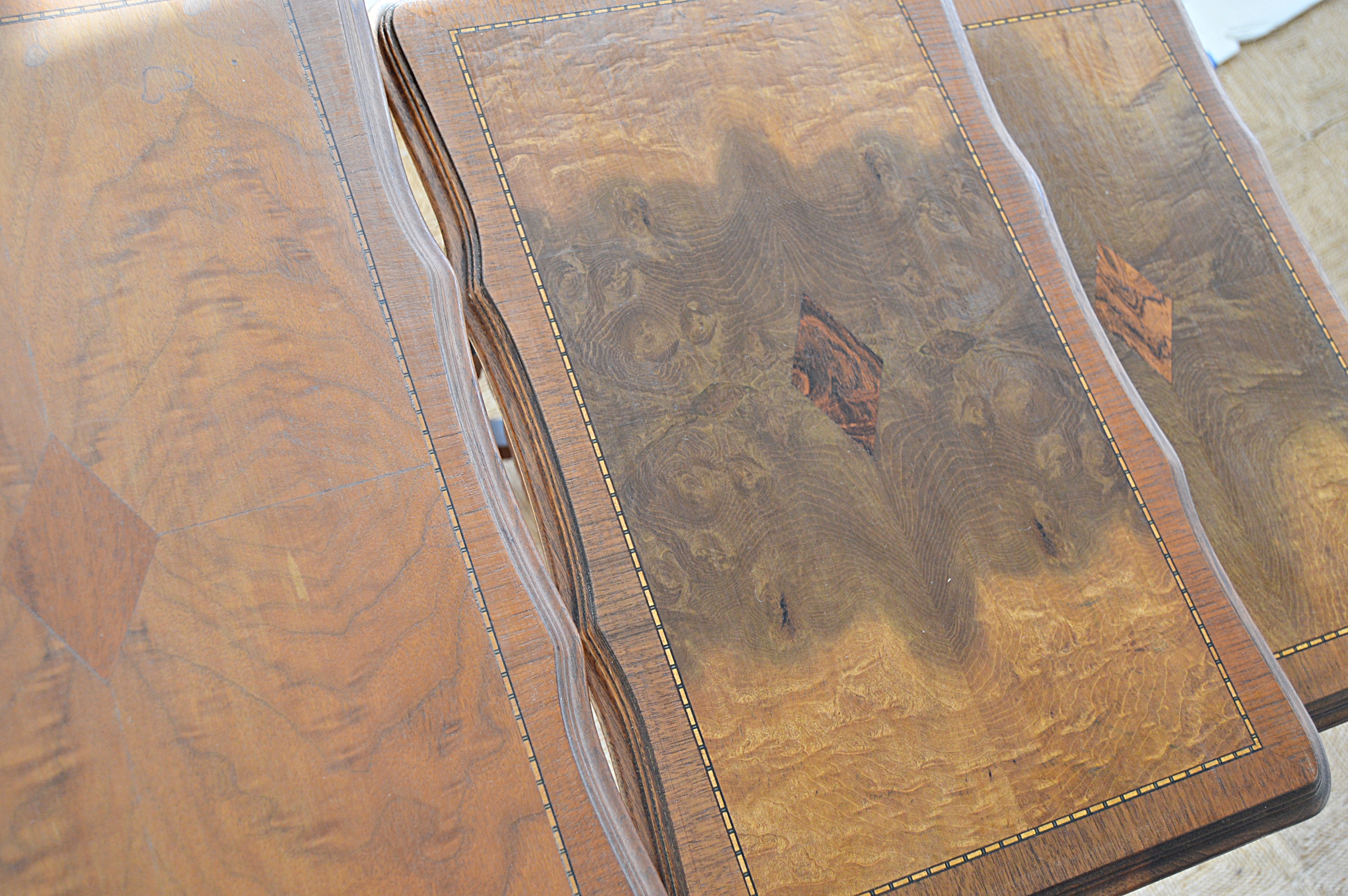 Vintage Mahogany Stacking Table Set with Bookmatched Crotch Mahogany Tops