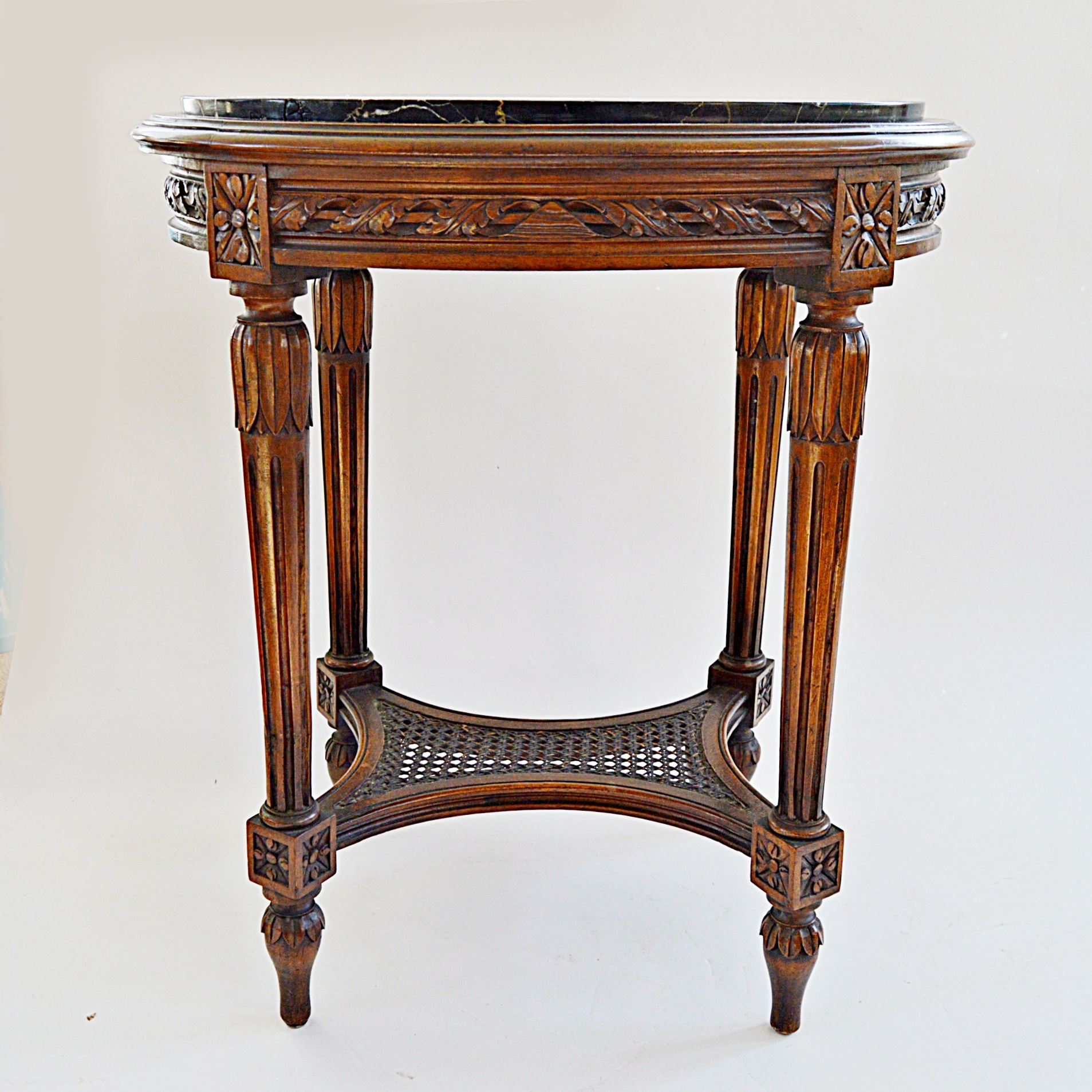 Vintage Neoclassic Style Walnut Side Table with Black Marble Top