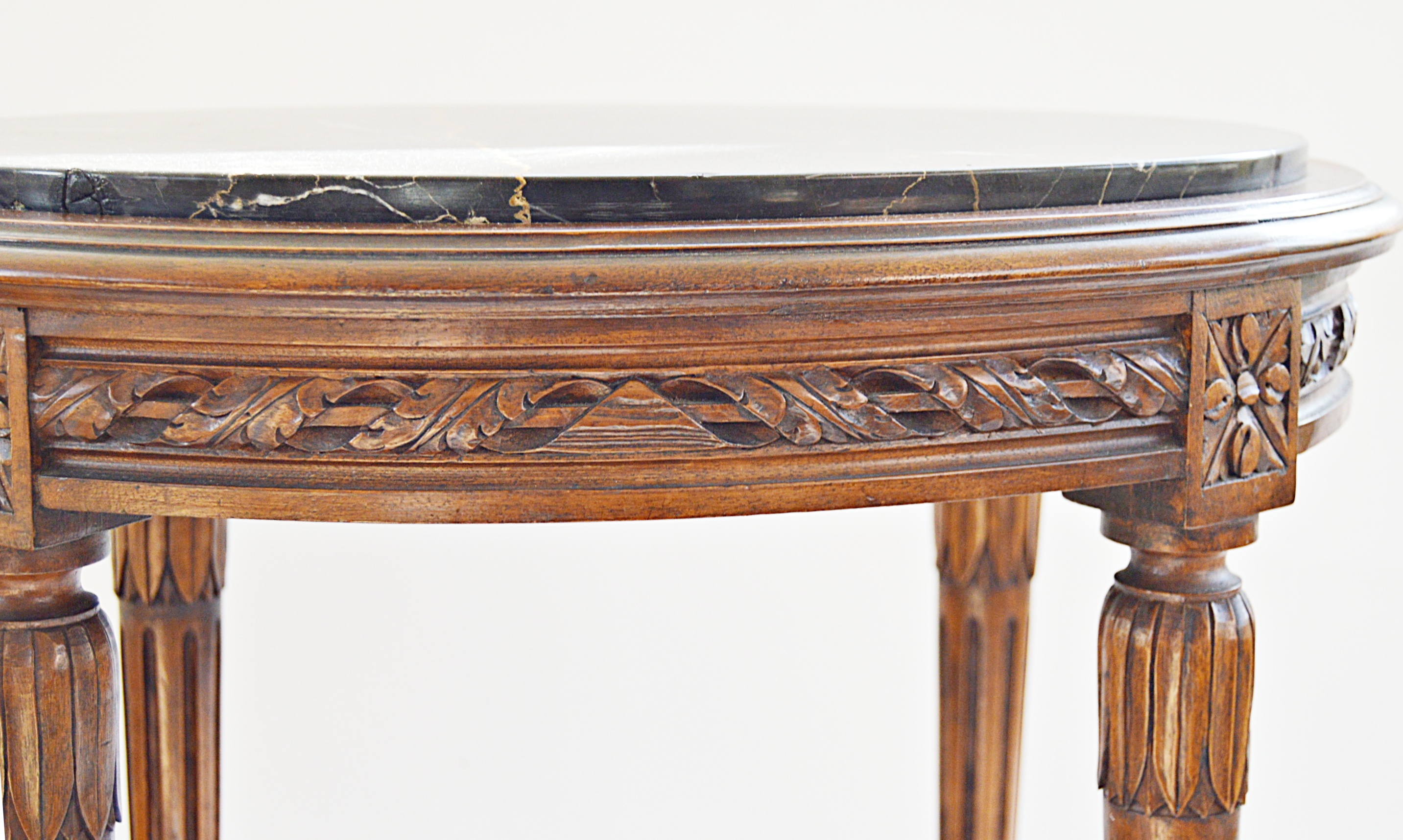 Vintage Neoclassic Style Walnut Side Table with Black Marble Top