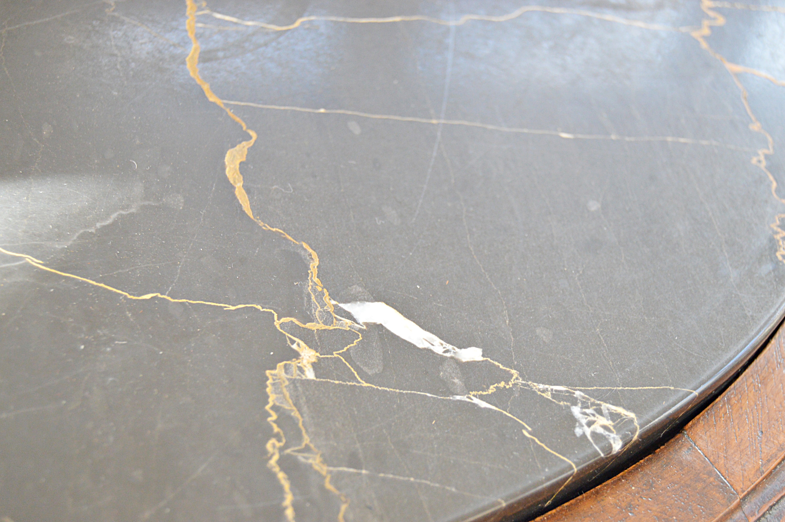 Vintage Neoclassic Style Walnut Side Table with Black Marble Top