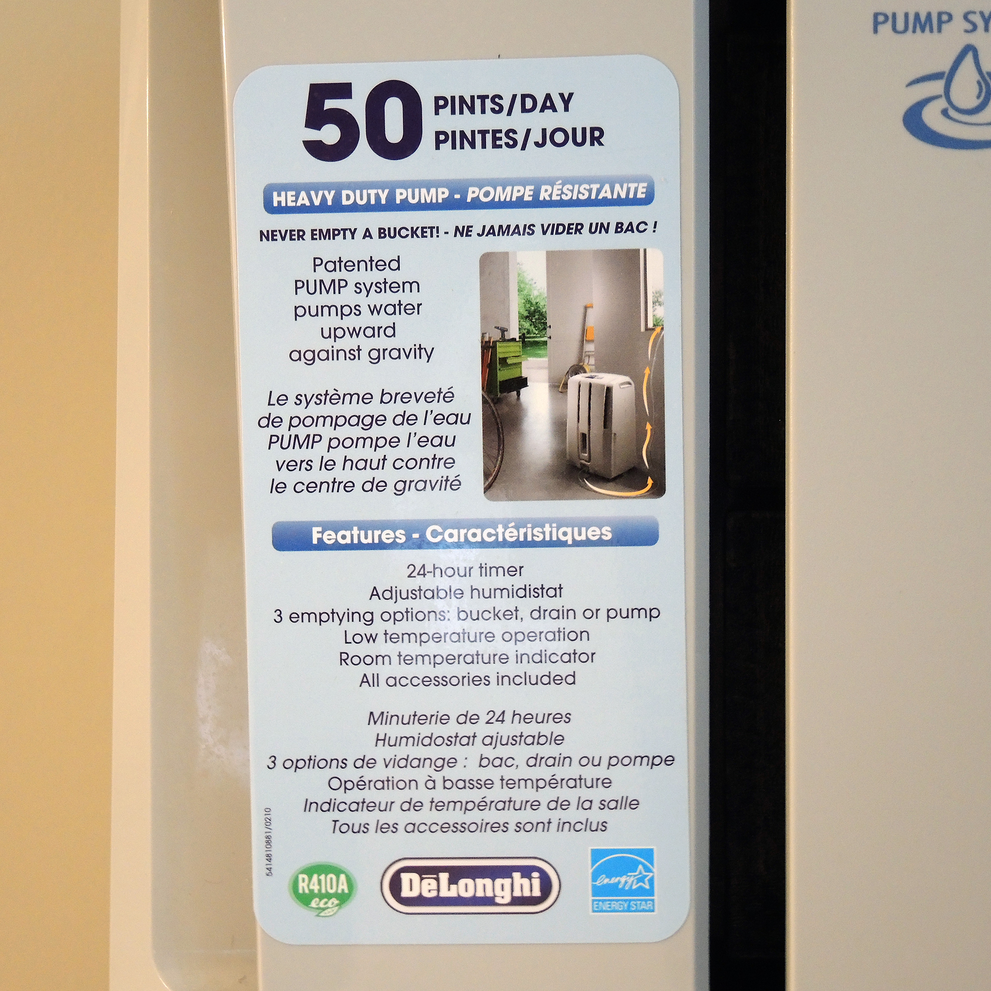 DeLonghi 50 Pint Dehumidifier with Pump System