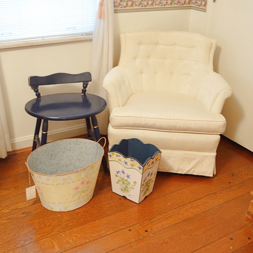 Tufted Back Occasional Chair, Wooden Seat, Metal Bin and Trash Receiver