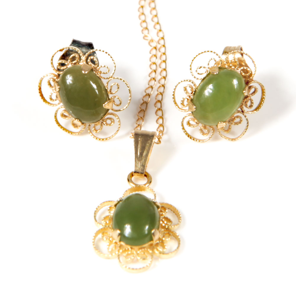 14K Yellow Gold and Jadeite Jade Demi Parure