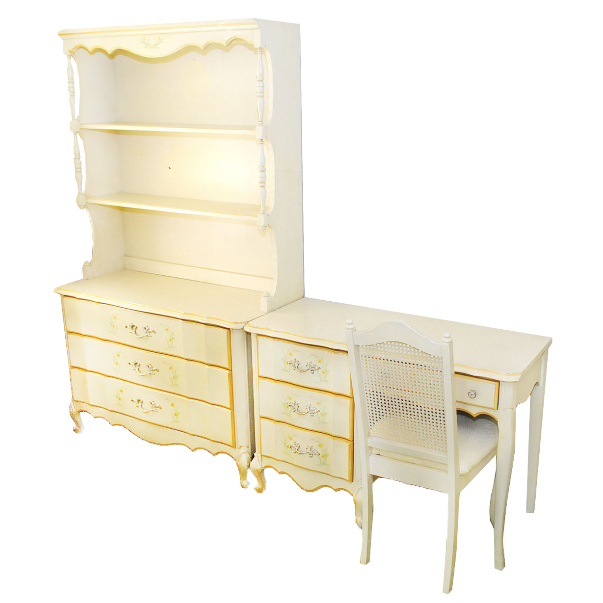 Painted French Provincial Chest With Bookcase and Desk With Chair by Broyhill
