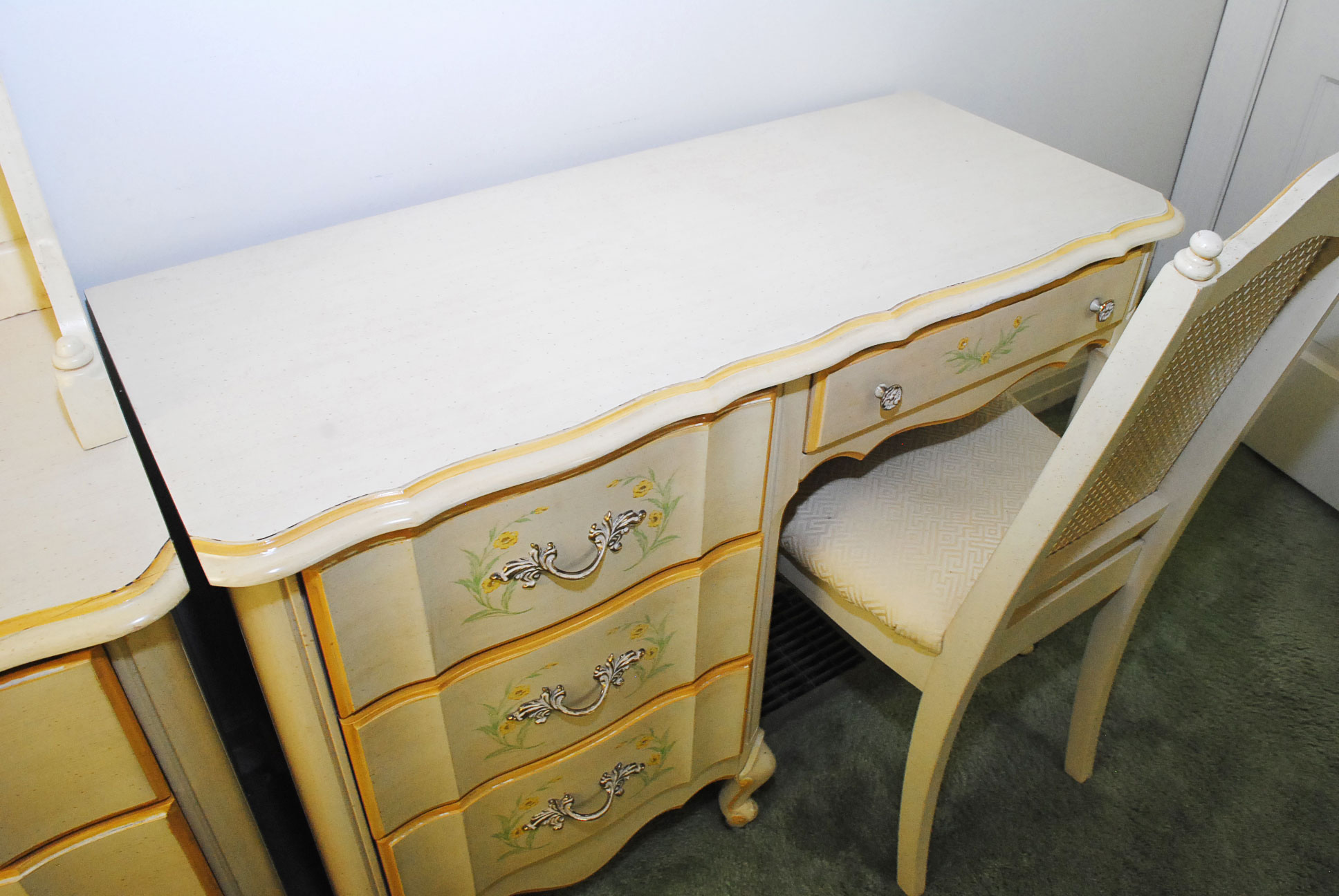 Painted French Provincial Chest With Bookcase and Desk With Chair by Broyhill