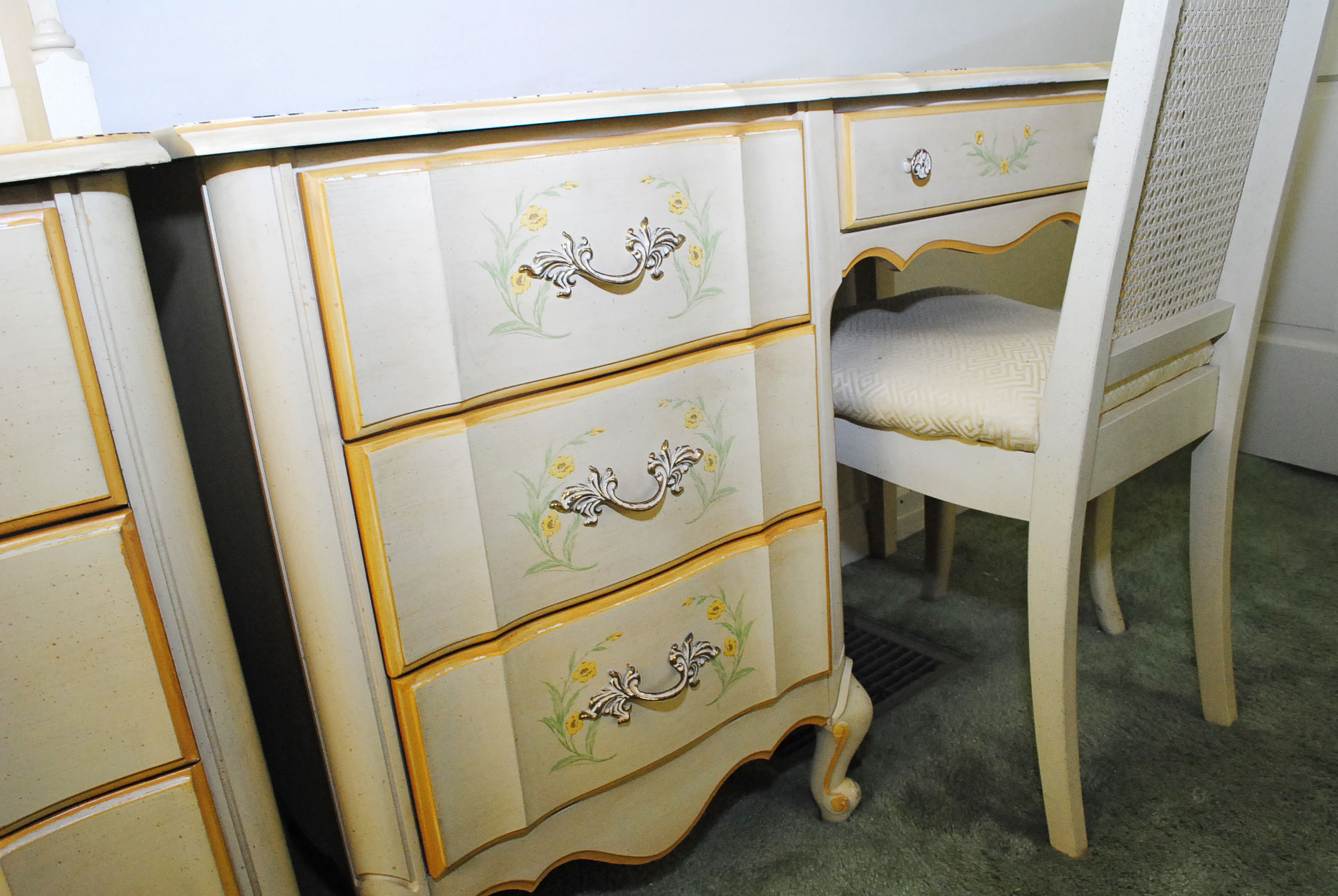 Painted French Provincial Chest With Bookcase and Desk With Chair by Broyhill