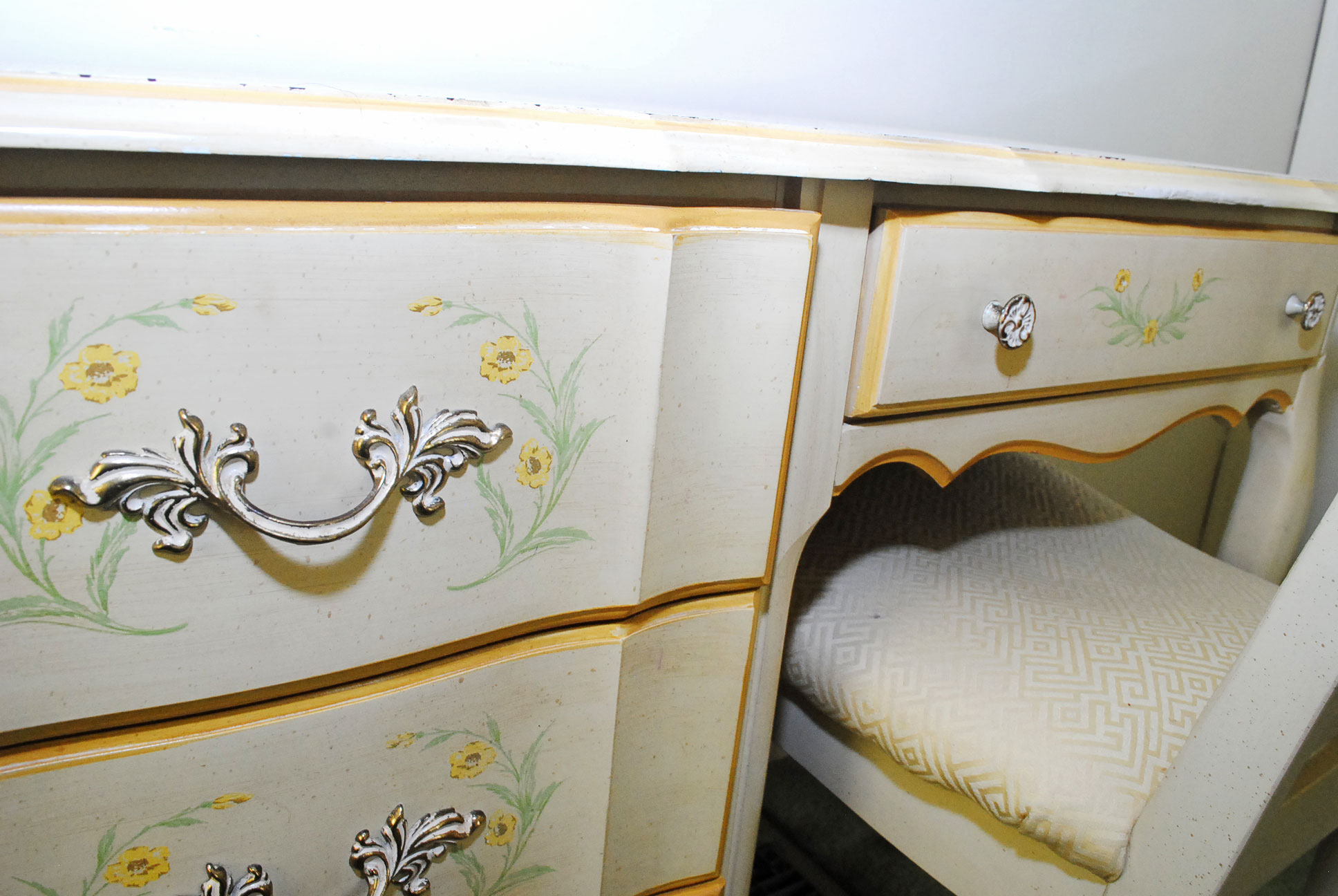 Painted French Provincial Chest With Bookcase and Desk With Chair by Broyhill