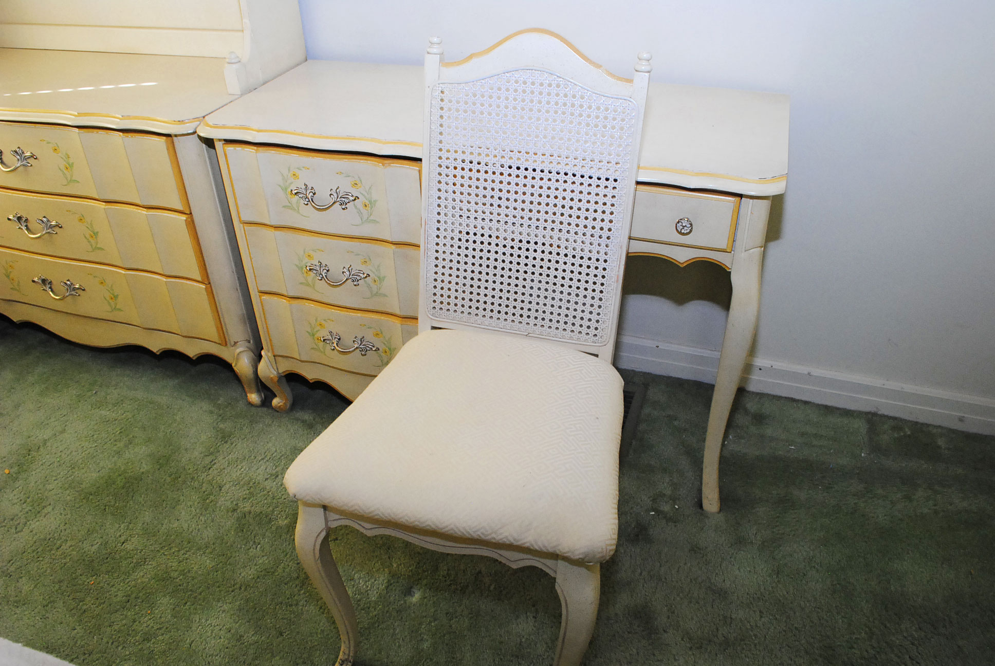 Painted French Provincial Chest With Bookcase and Desk With Chair by Broyhill