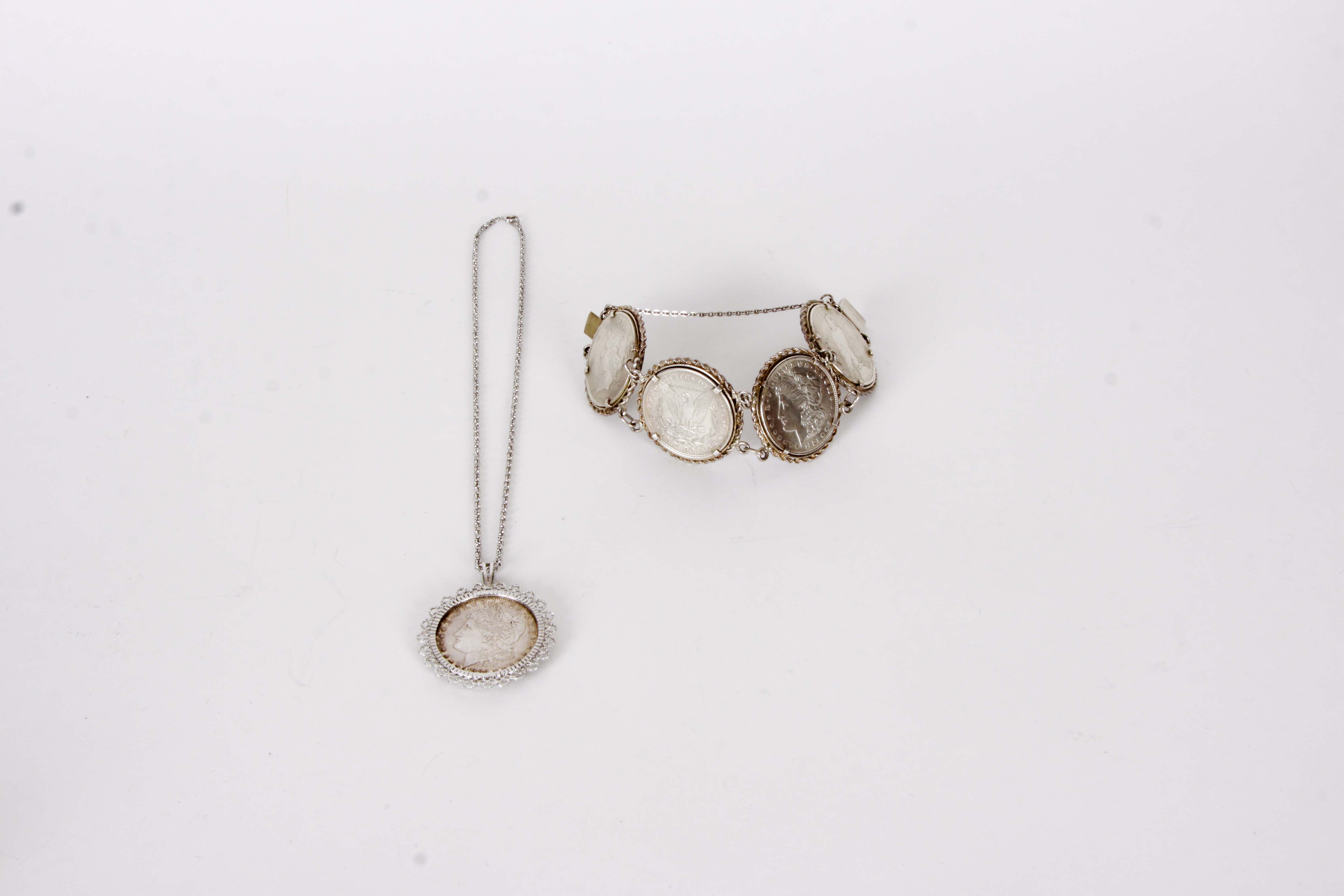 Sterling Silver Coin Bracelet and Pendant Necklace