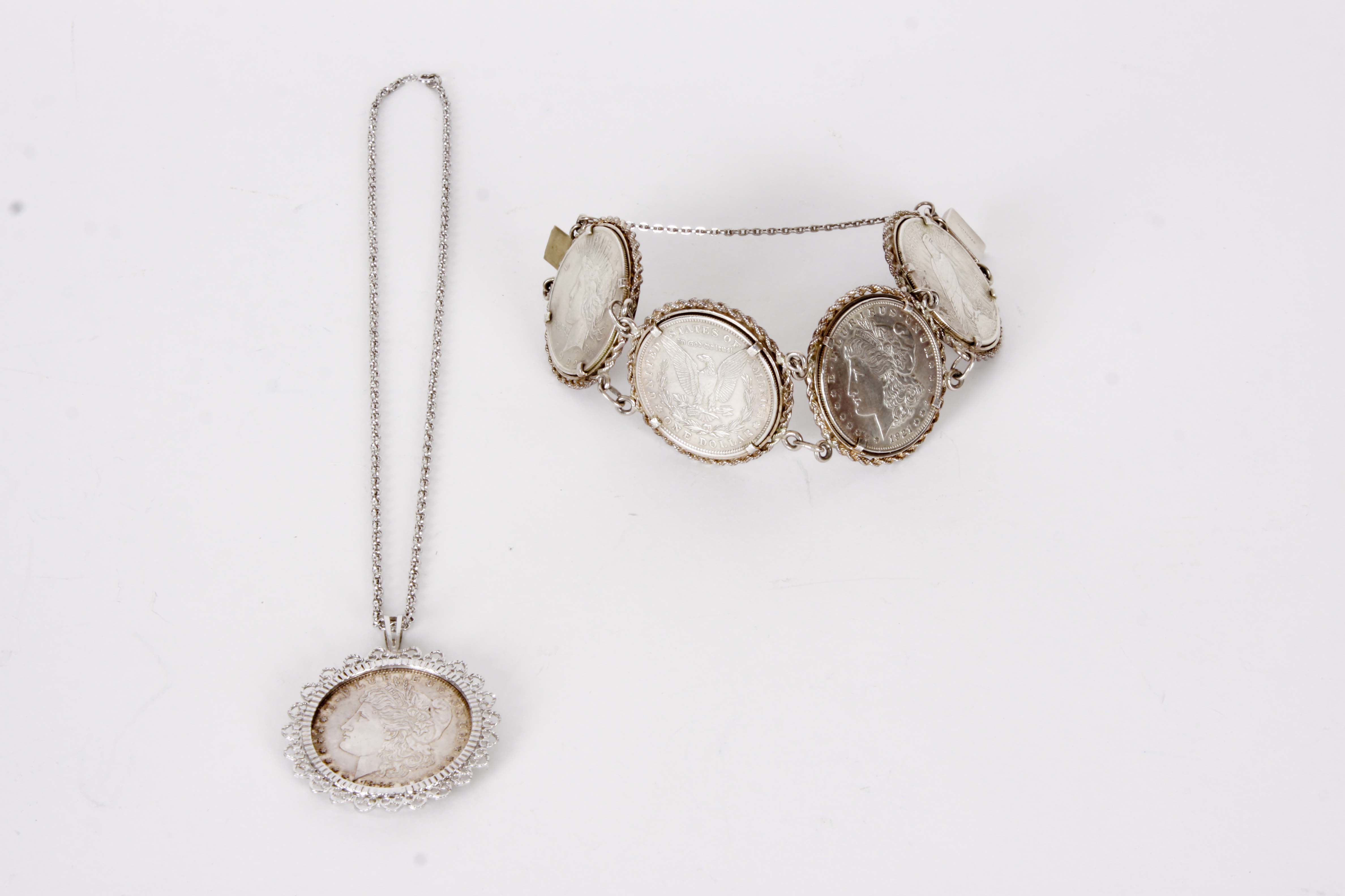 Sterling Silver Coin Bracelet and Pendant Necklace