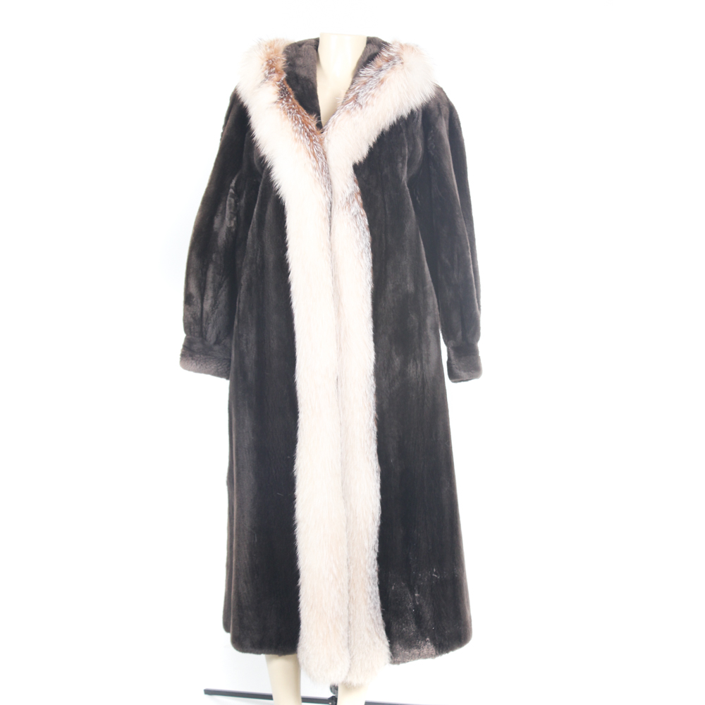 Vintage Sheared Beaver Fur Coat Trimmed with Crystal Fox Fur